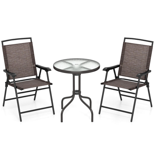3 Pieces Patio Round Table and Folding Chairs Set with Rippled Tempered Glass Tabletop, Brown Patio Conversation Sets Brown at Gallery Canada