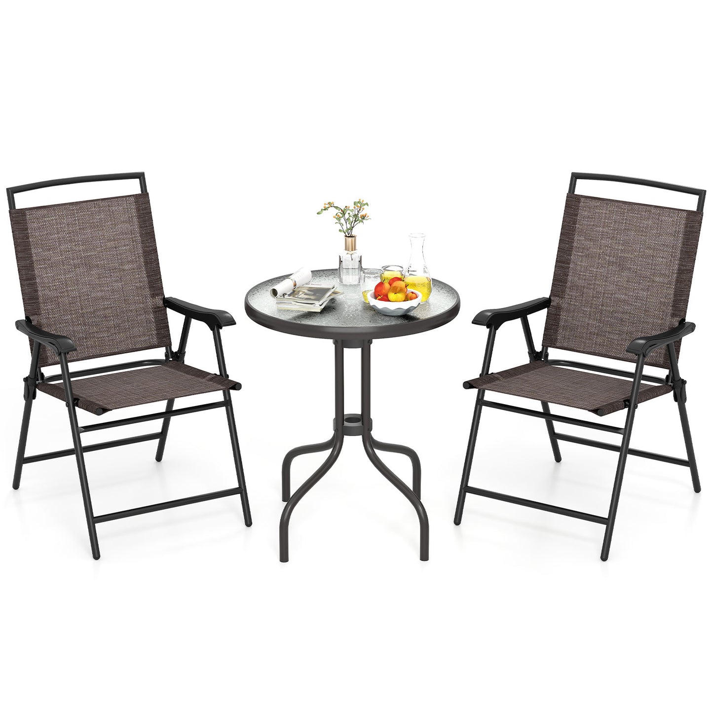 3 Pieces Patio Round Table and Folding Chairs Set with Rippled Tempered Glass Tabletop, Brown Patio Conversation Sets at Gallery Canada