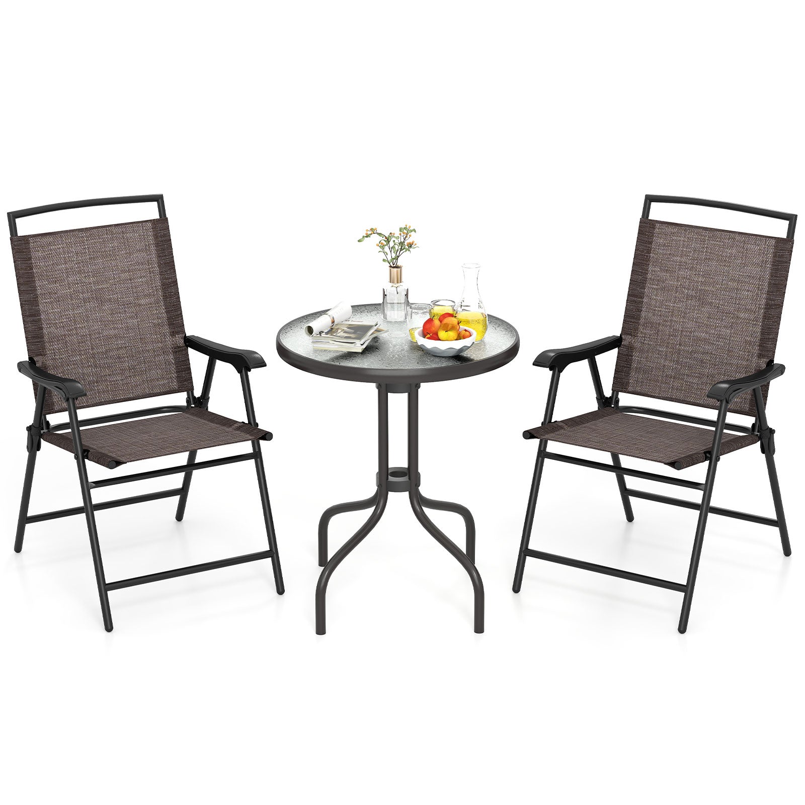 3 Pieces Patio Round Table and Folding Chairs Set with Rippled Tempered Glass Tabletop, Brown Patio Conversation Sets at Gallery Canada