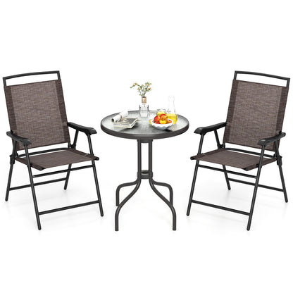 3 Pieces Patio Round Table and Folding Chairs Set with Rippled Tempered Glass Tabletop, Brown Patio Conversation Sets at Gallery Canada