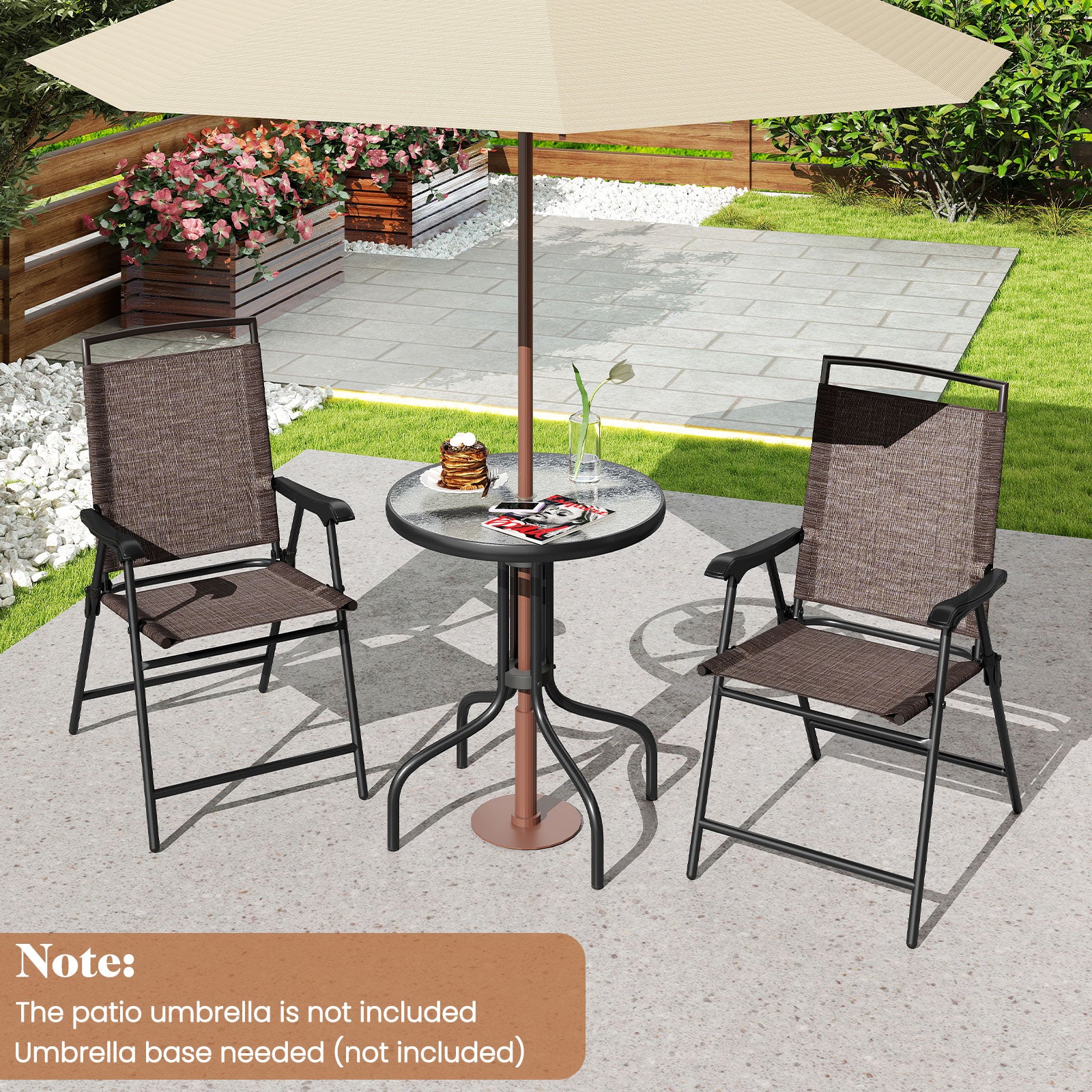 3 Pieces Patio Round Table and Folding Chairs Set with Rippled Tempered Glass Tabletop, Brown Patio Conversation Sets at Gallery Canada
