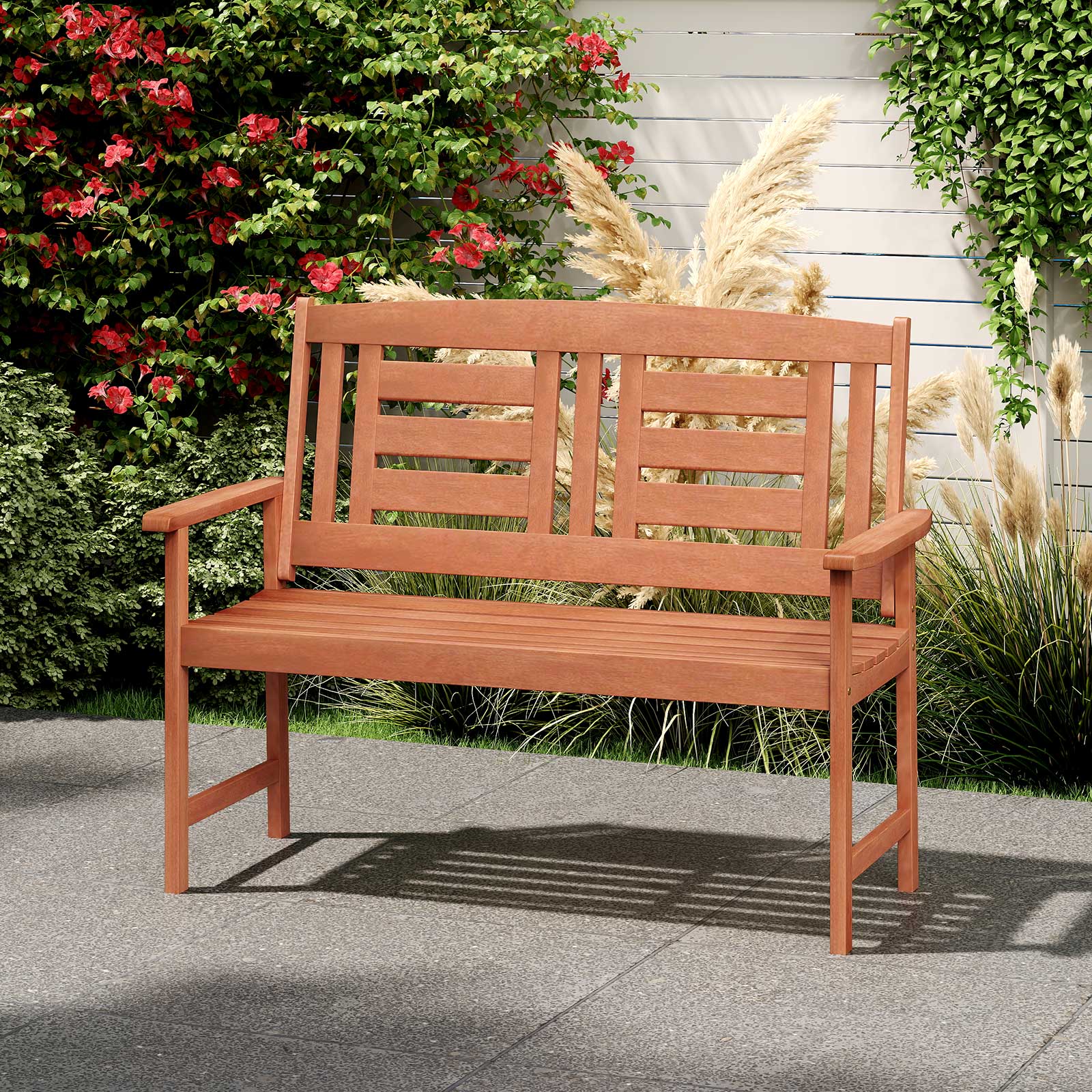 Outdoor Solid Wood Loveseat Hardwood 2-Seat Bench with Inclined Backrest and Slatted Seat, Natural Outdoor Benches at Gallery Canada
