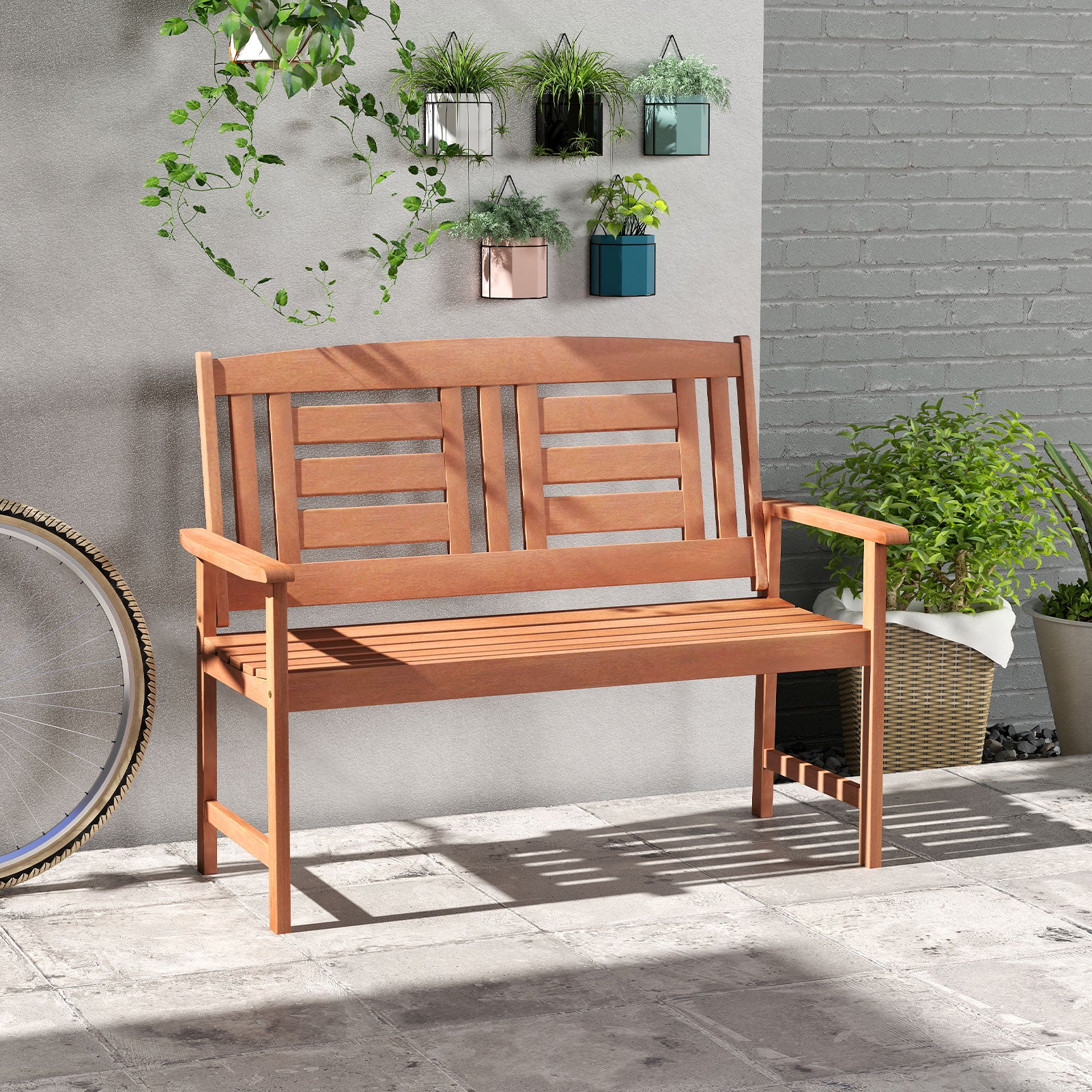 Outdoor Solid Wood Loveseat Hardwood 2-Seat Bench with Inclined Backrest and Slatted Seat, Natural Outdoor Benches at Gallery Canada