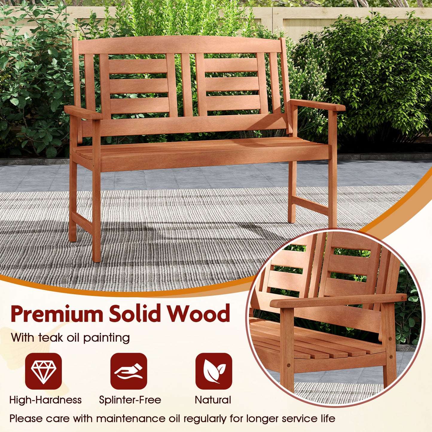 Outdoor Solid Wood Loveseat Hardwood 2-Seat Bench with Inclined Backrest and Slatted Seat, Natural Outdoor Benches at Gallery Canada