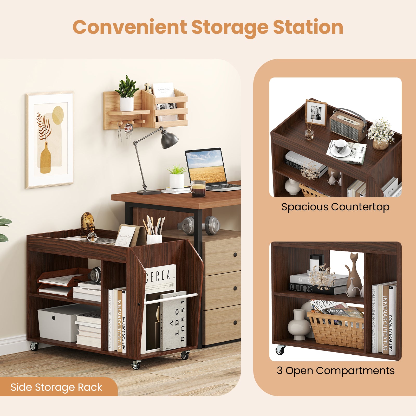 3-Tier Side End Table with Universal Wheels, Walnut End & Side Tables at Gallery Canada