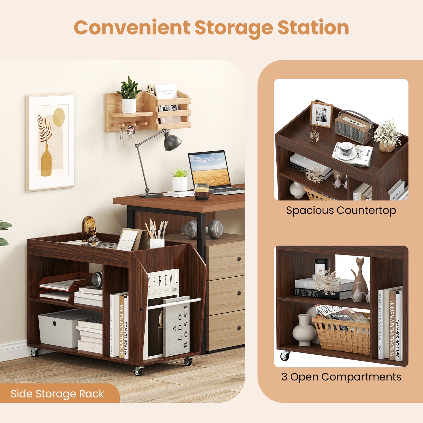 3-Tier Side End Table with Universal Wheels, Walnut End & Side Tables at Gallery Canada