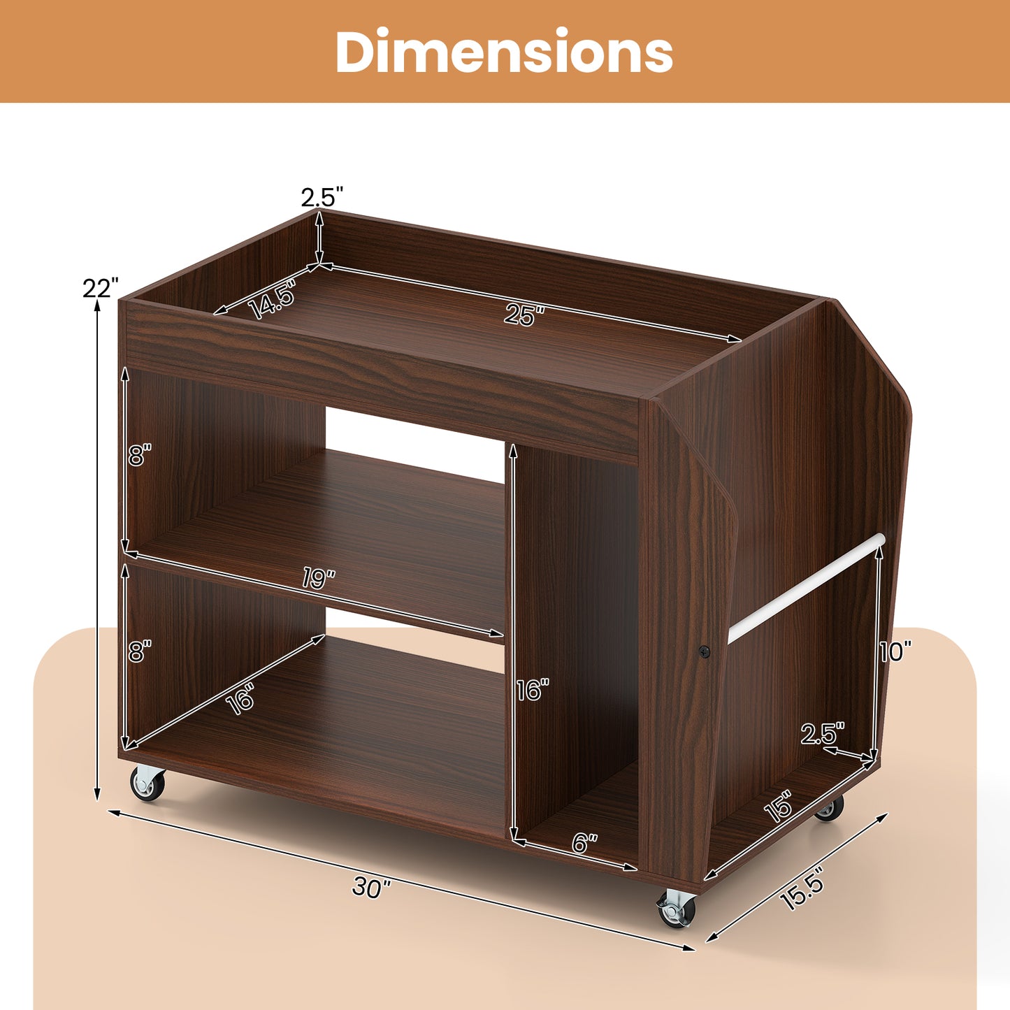 3-Tier Side End Table with Universal Wheels, Walnut End & Side Tables at Gallery Canada