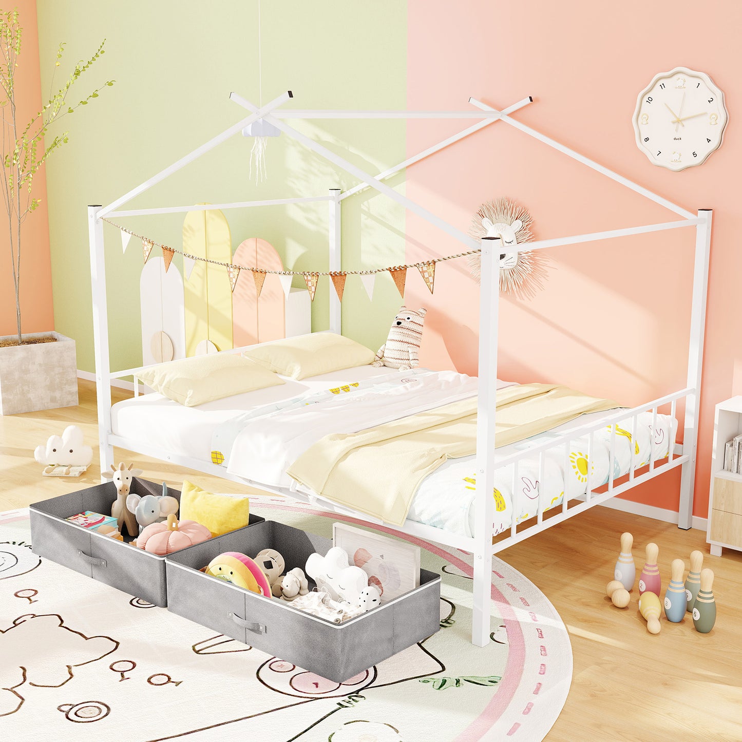 Full Size Metal House Bed With 2 Fabric Drawers, White Toddler Beds at Gallery Canada
