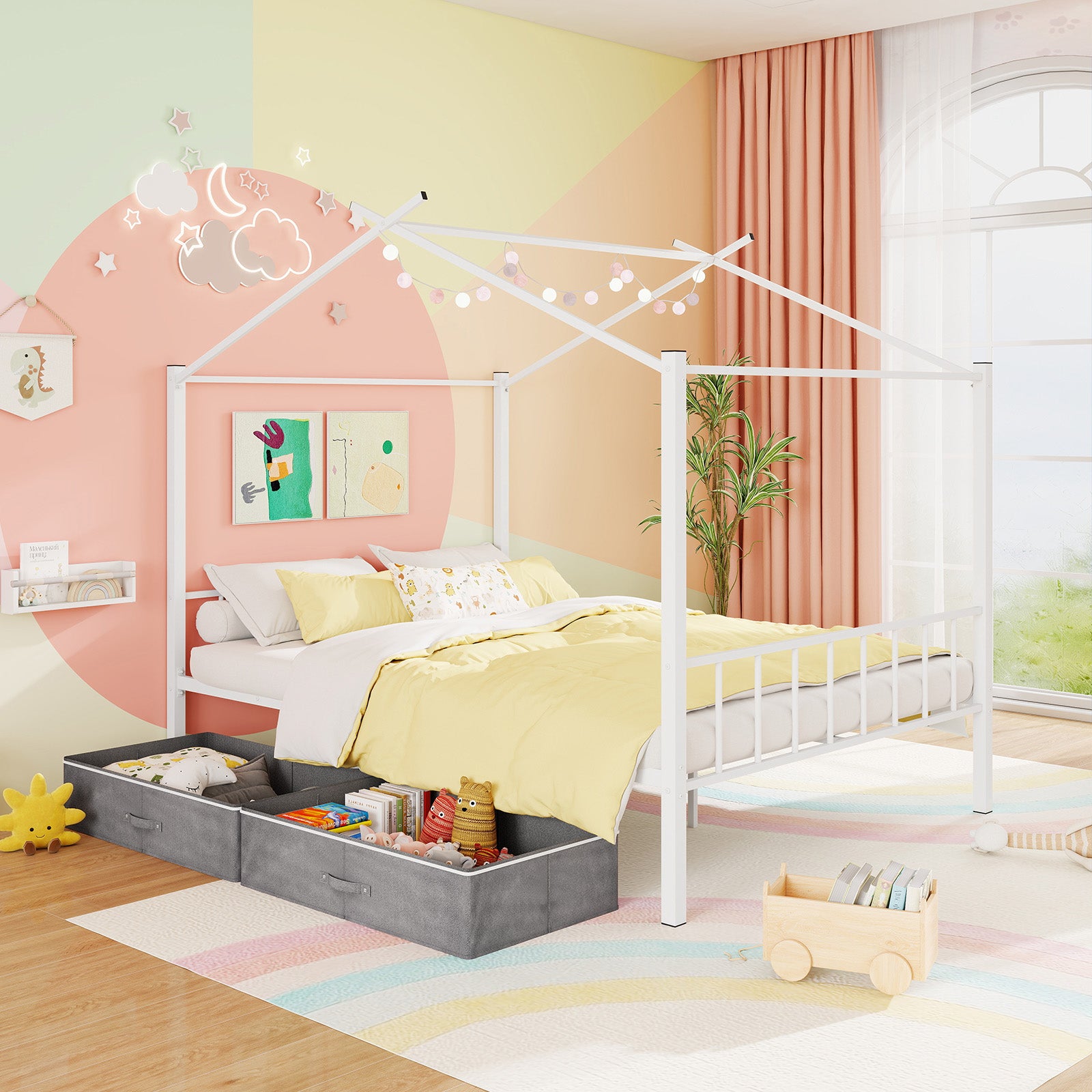 Full Size Metal House Bed With 2 Fabric Drawers, White Toddler Beds at Gallery Canada