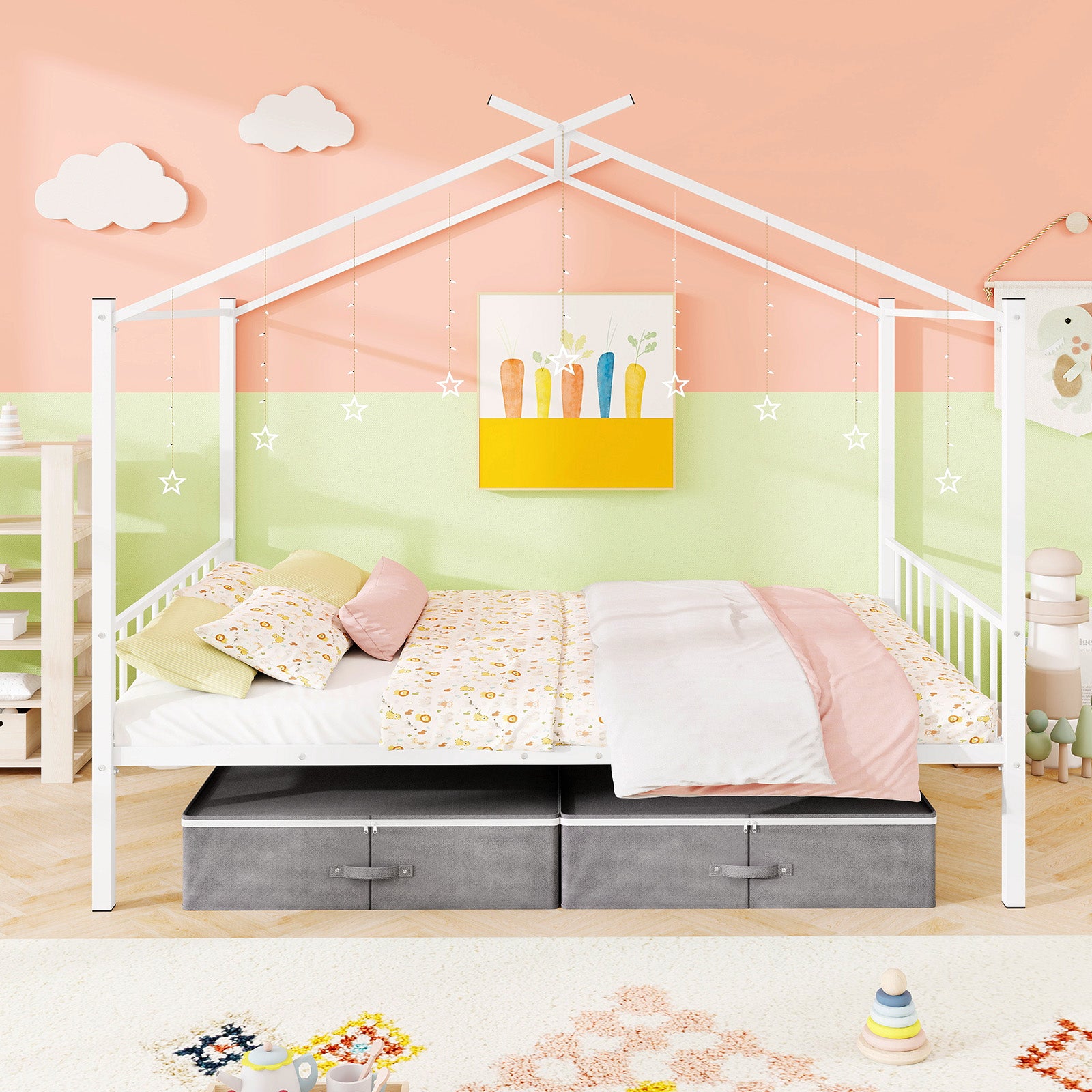 Full Size Metal House Bed With 2 Fabric Drawers, White Toddler Beds at Gallery Canada