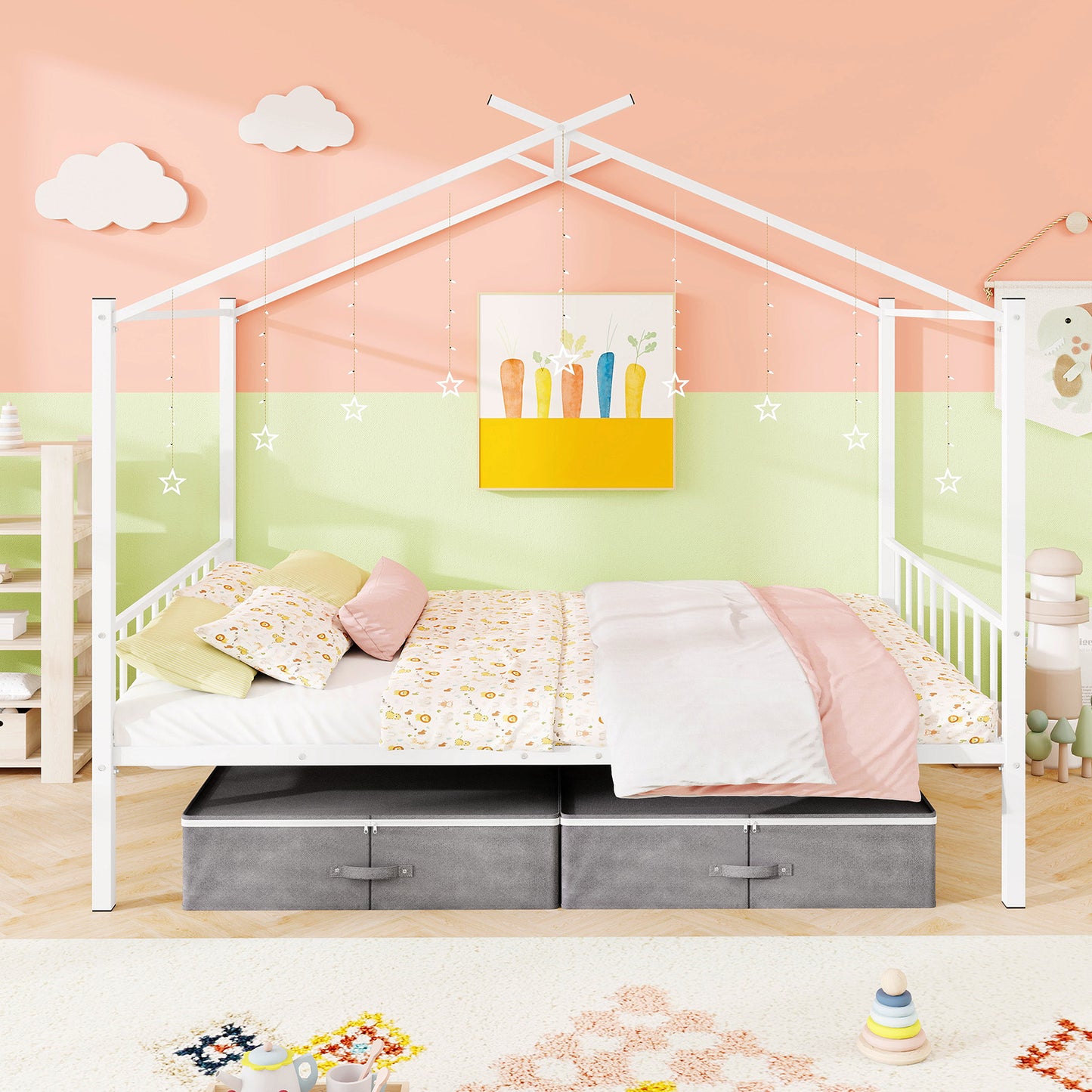 Full Size Metal House Bed With 2 Fabric Drawers, White Toddler Beds at Gallery Canada