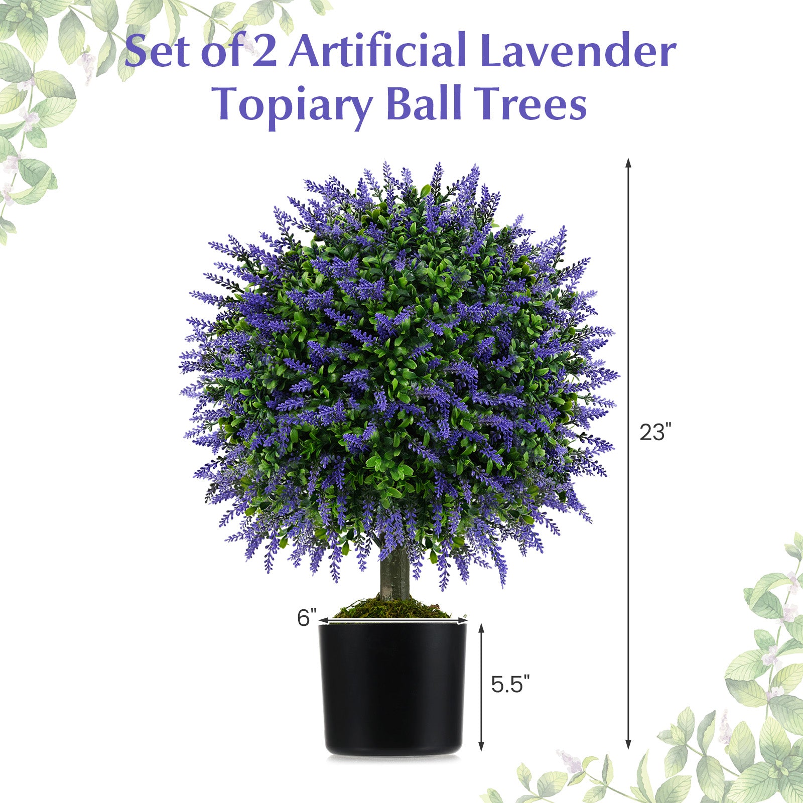 23 Inch Set of 2 Artificial Lavender Topiary Ball Trees with Cement-Filled Pot, Purple Faux Plants at Gallery Canada