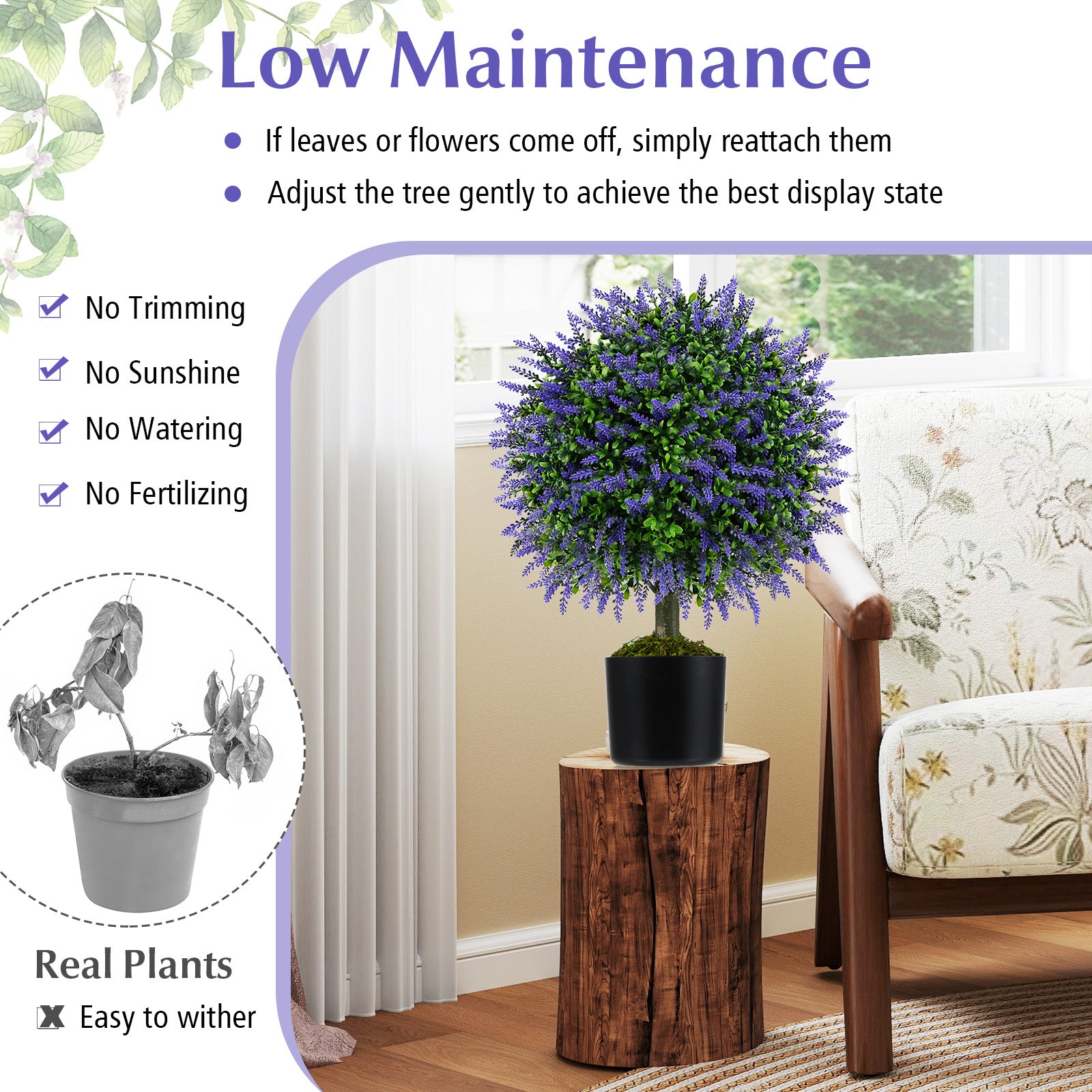23 Inch Set of 2 Artificial Lavender Topiary Ball Trees with Cement-Filled Pot, Purple Faux Plants at Gallery Canada