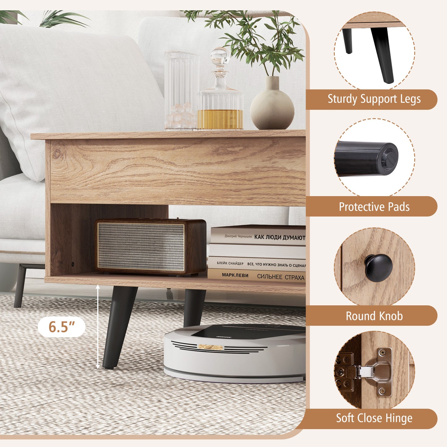 Lift Top Coffee Table with Storage and Hidden Compartment, Natural Coffee Tables at Gallery Canada