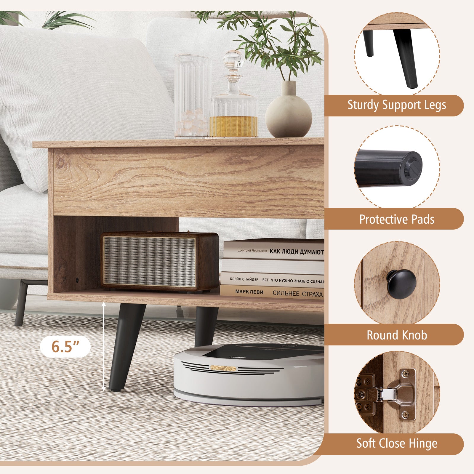 Lift Top Coffee Table with Storage and Hidden Compartment, Natural Coffee Tables at Gallery Canada