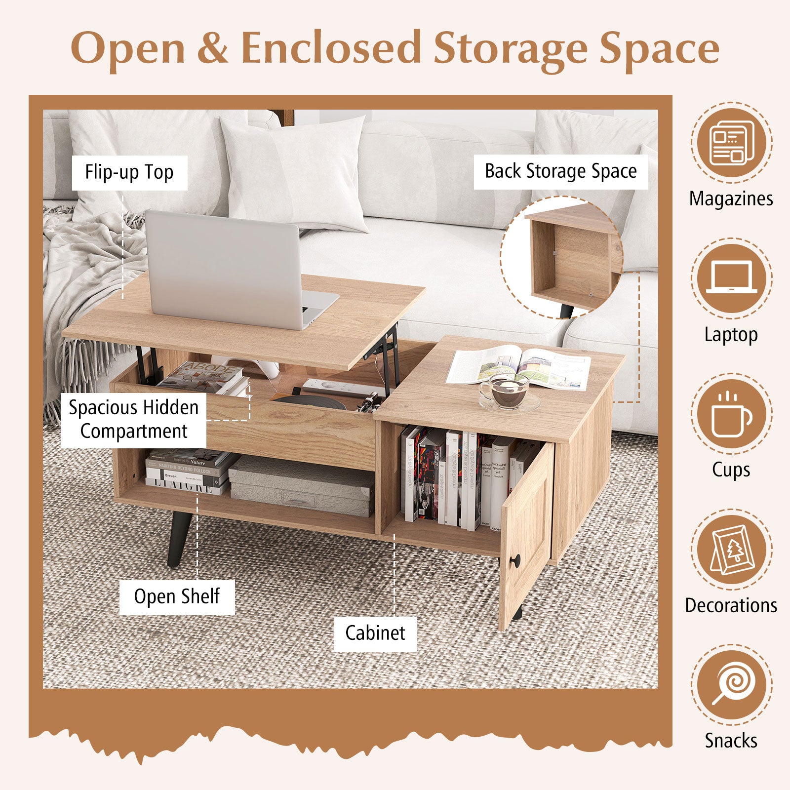 Lift Top Coffee Table with Storage and Hidden Compartment, Natural Coffee Tables at Gallery Canada