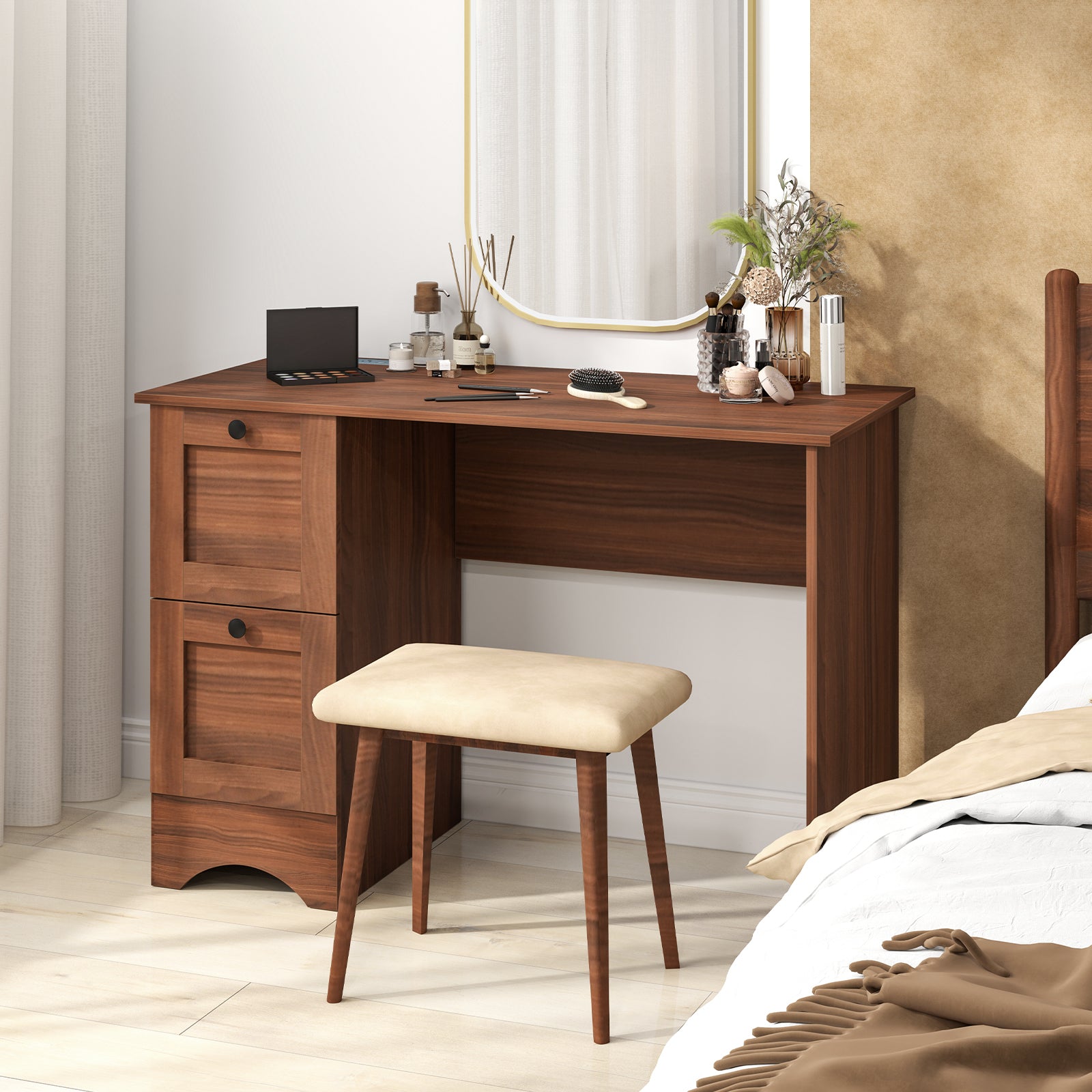 Wooden Vintage Computer Desk with 2 Drawers for Home and Office, Walnut Computer Desks at Gallery Canada