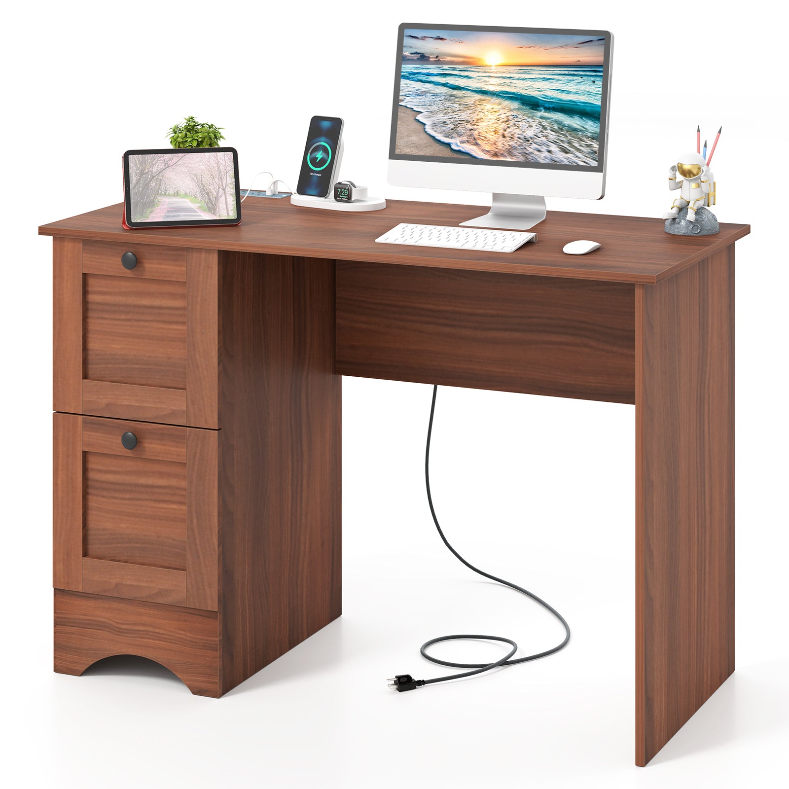 Wooden Vintage Computer Desk with 2 Drawers for Home and Office, Walnut Computer Desks at Gallery Canada
