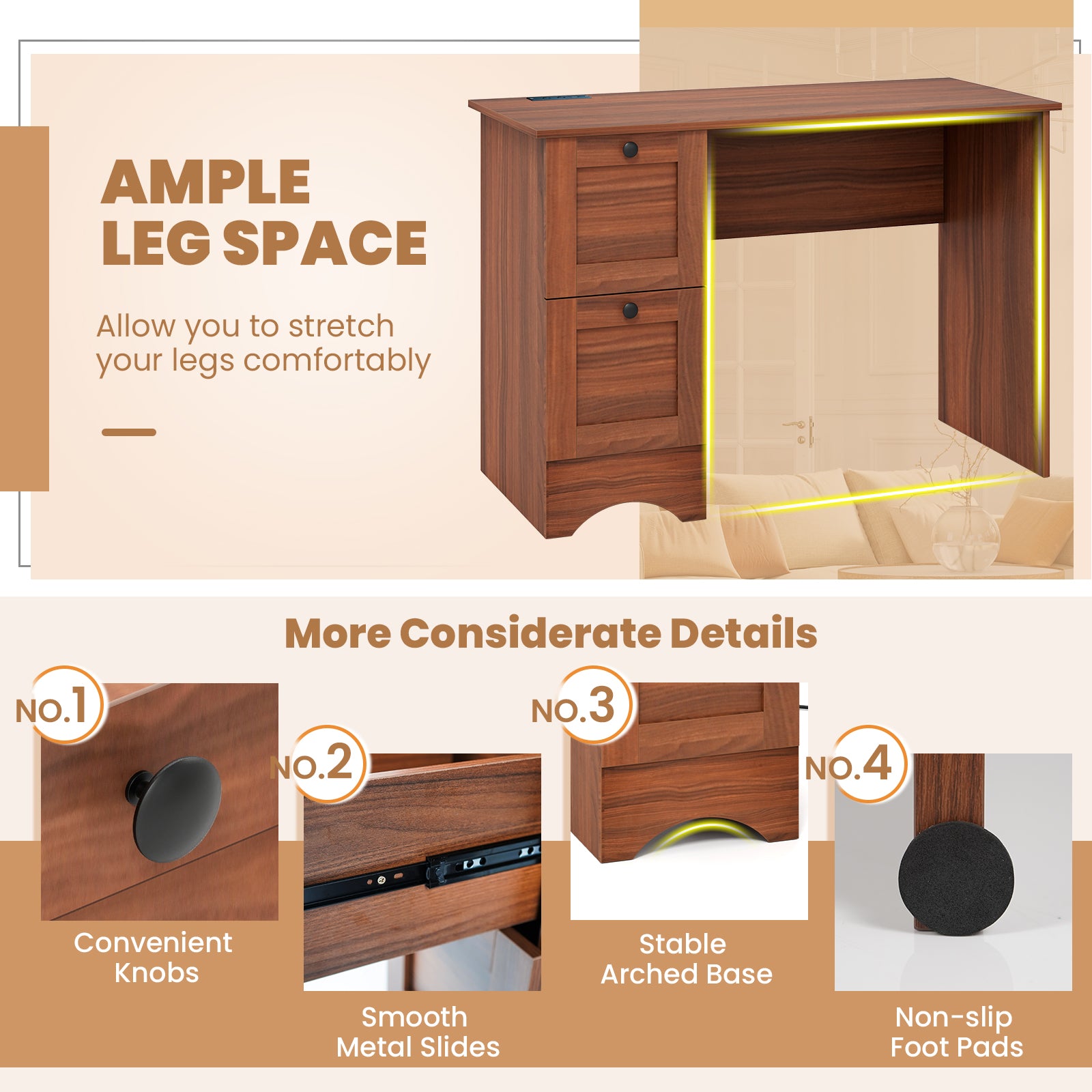 Wooden Vintage Computer Desk with 2 Drawers for Home and Office, Walnut Computer Desks at Gallery Canada