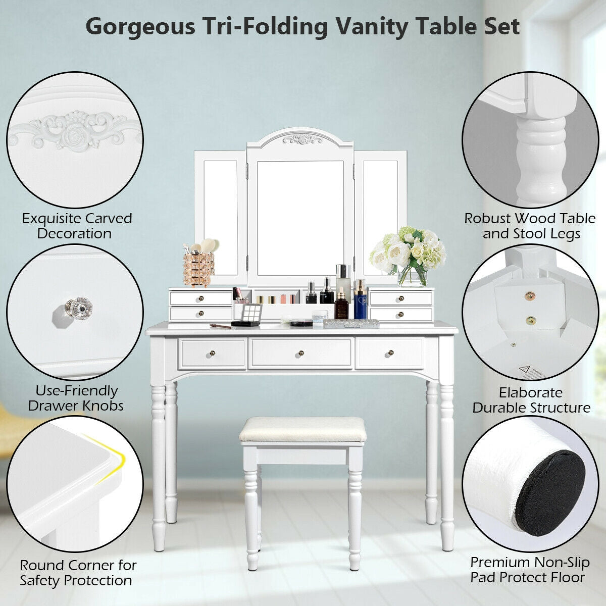Makeup Dressing Table with Tri-Folding Mirror and Cushioned Stool for Women, White Makeup Vanities at Gallery Canada