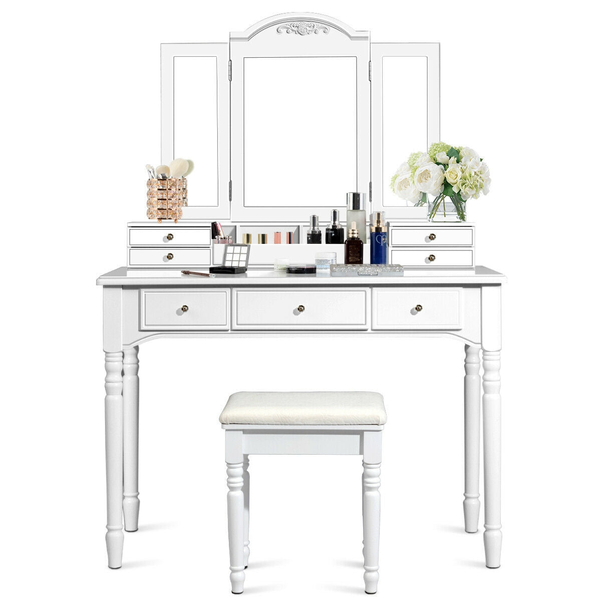Makeup Dressing Table with Tri-Folding Mirror and Cushioned Stool for Women, White Makeup Vanities at Gallery Canada
