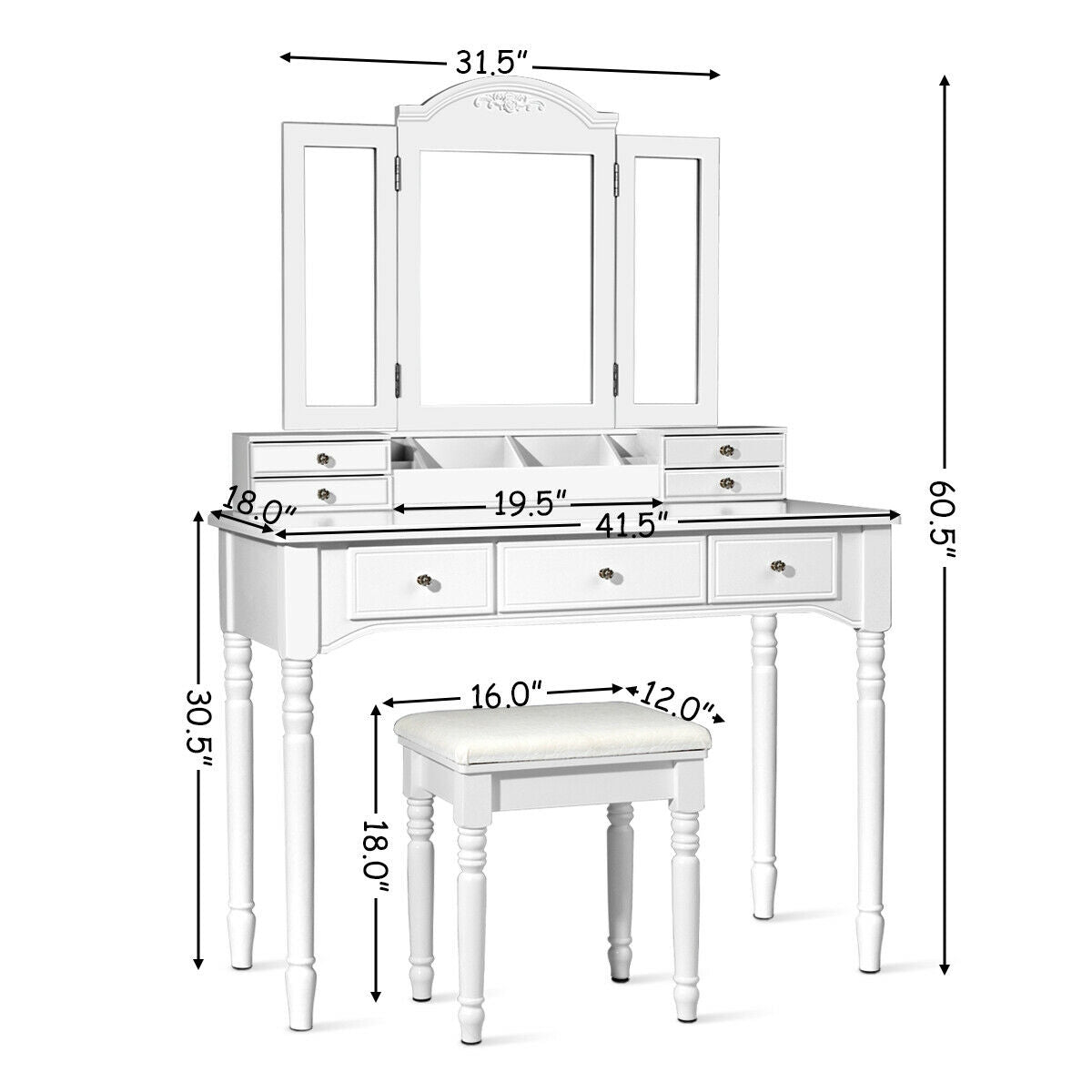 Makeup Dressing Table with Tri-Folding Mirror and Cushioned Stool for Women, White Makeup Vanities at Gallery Canada