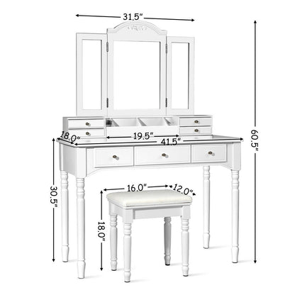 Makeup Dressing Table with Tri-Folding Mirror and Cushioned Stool for Women, White Makeup Vanities at Gallery Canada