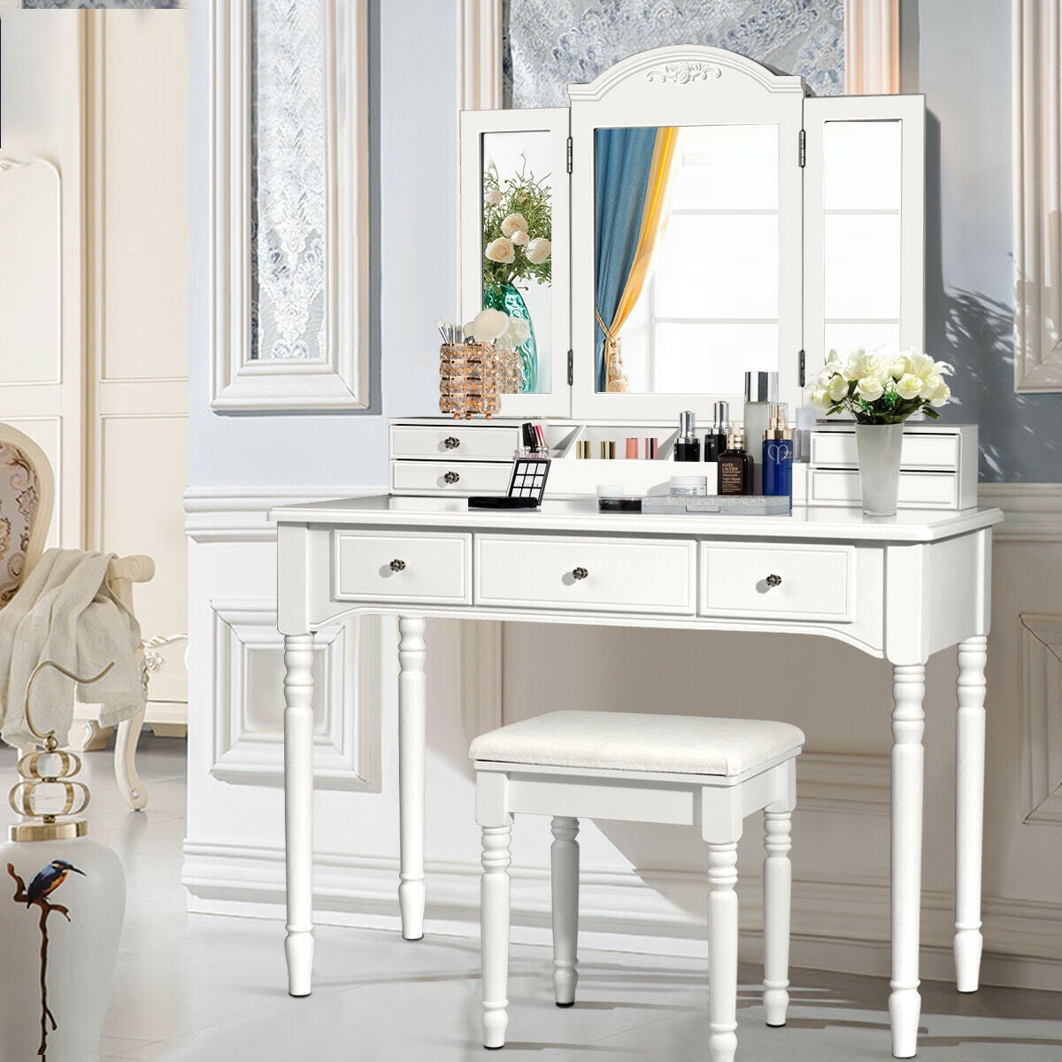 Makeup Dressing Table with Tri-Folding Mirror and Cushioned Stool for Women, White Makeup Vanities at Gallery Canada