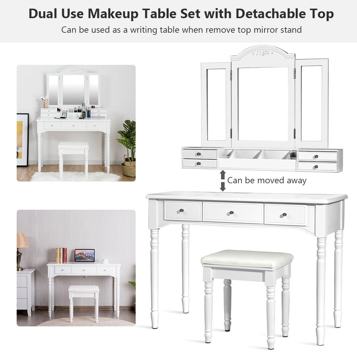 Makeup Dressing Table with Tri-Folding Mirror and Cushioned Stool for Women, White Makeup Vanities at Gallery Canada