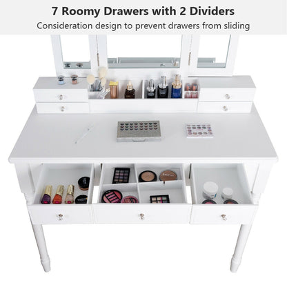 Makeup Dressing Table with Tri-Folding Mirror and Cushioned Stool for Women, White Makeup Vanities at Gallery Canada
