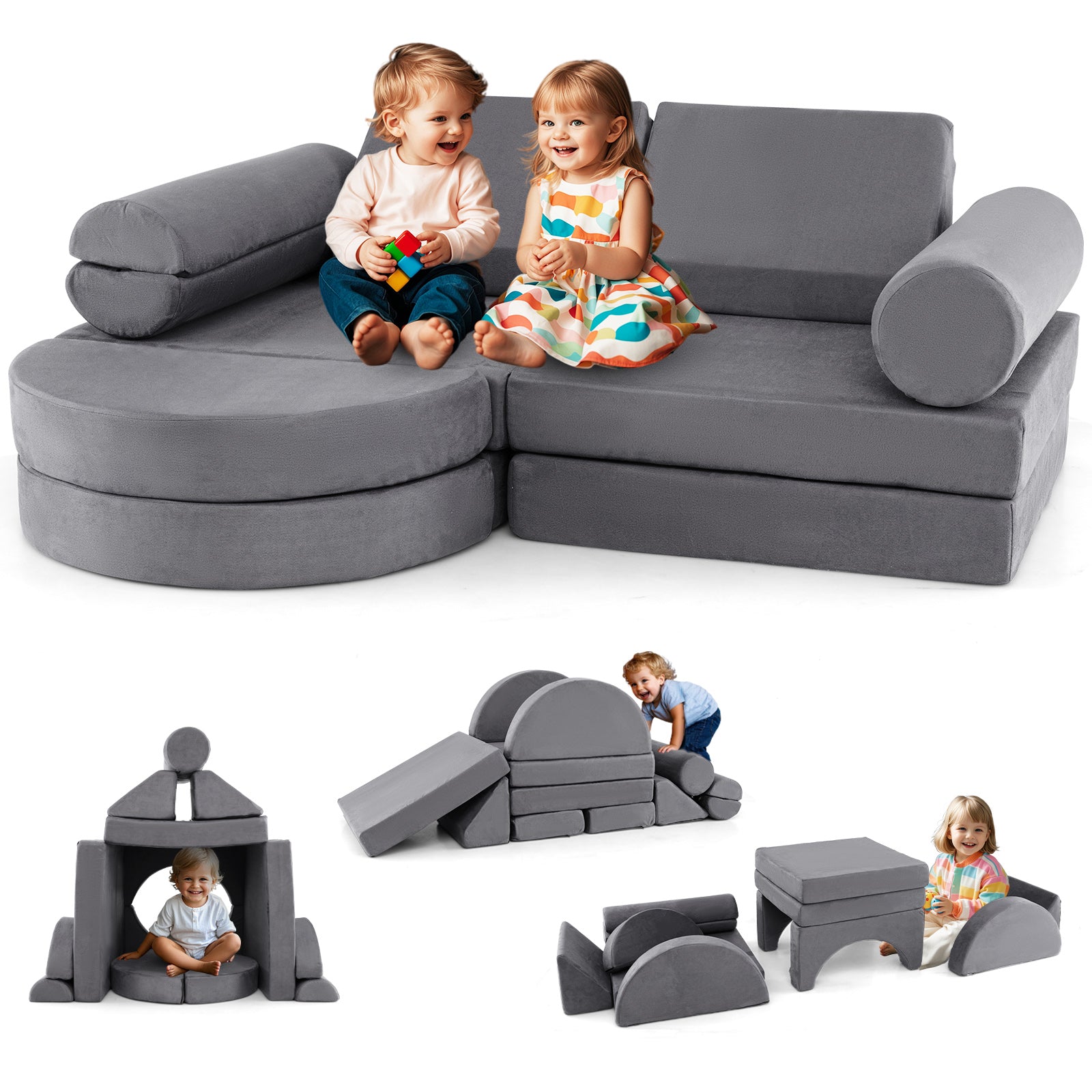 13 Pieces Convertible Modular Kids Play Couch for Nursery Playroom Bedroom, Gray Kids Chairs & Seating Gray at Gallery Canada