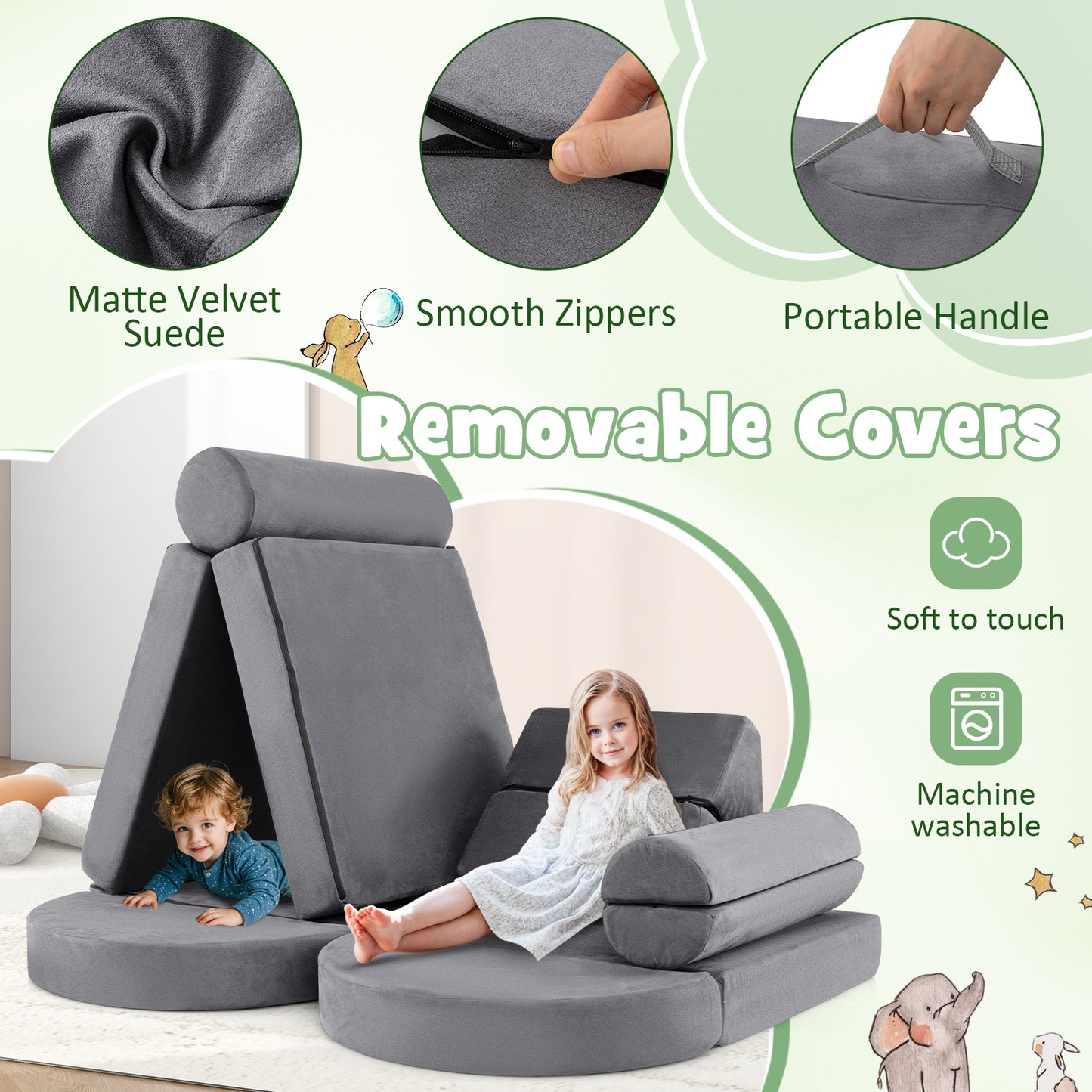 13 Pieces Convertible Modular Kids Play Couch for Nursery Playroom Bedroom, Gray Kids Chairs & Seating at Gallery Canada