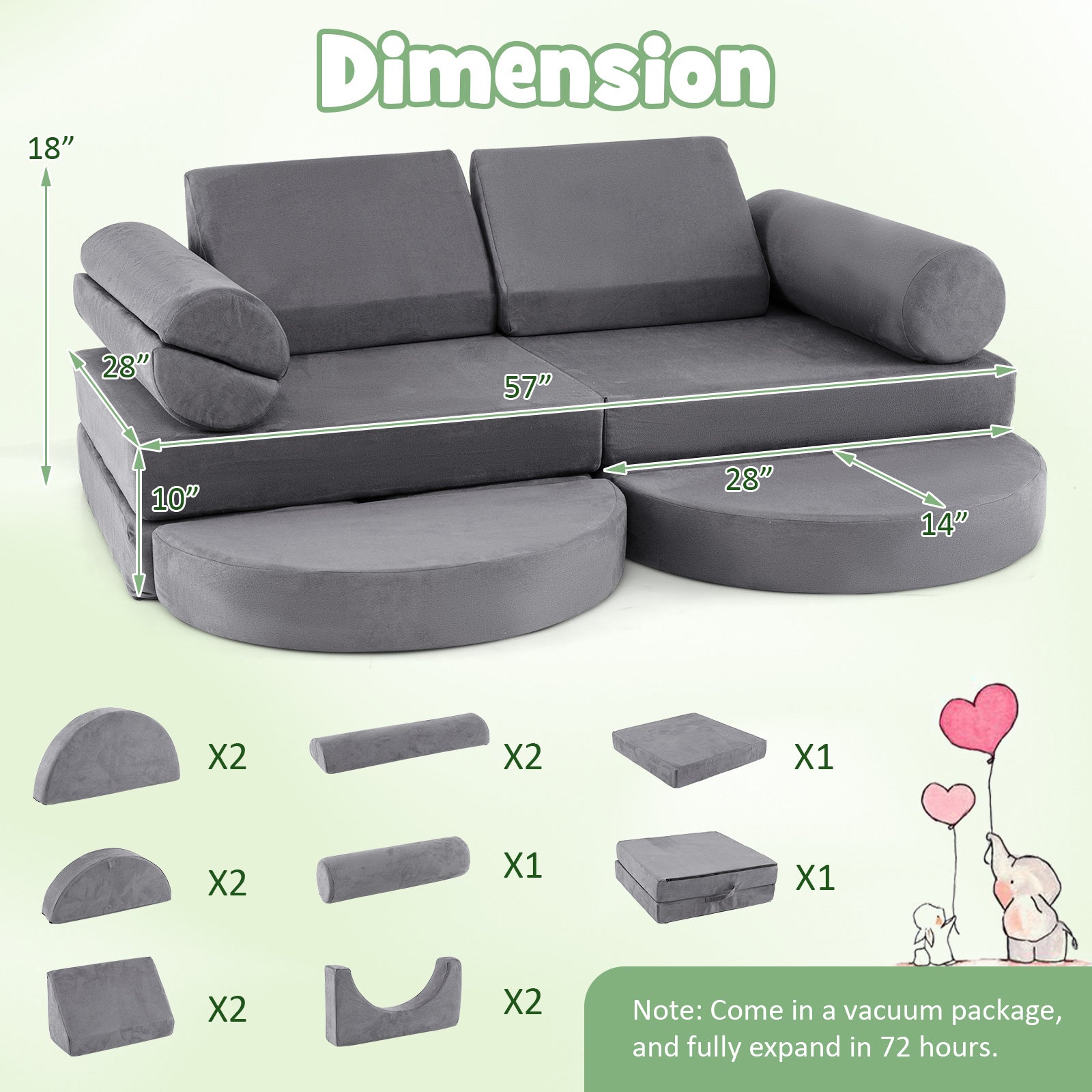 13 Pieces Convertible Modular Kids Play Couch for Nursery Playroom Bedroom, Gray Kids Chairs & Seating at Gallery Canada