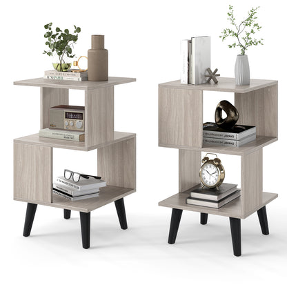 3-Tier Geometric Bookshelf Set Of 2, Open Storage Shelves, Gray