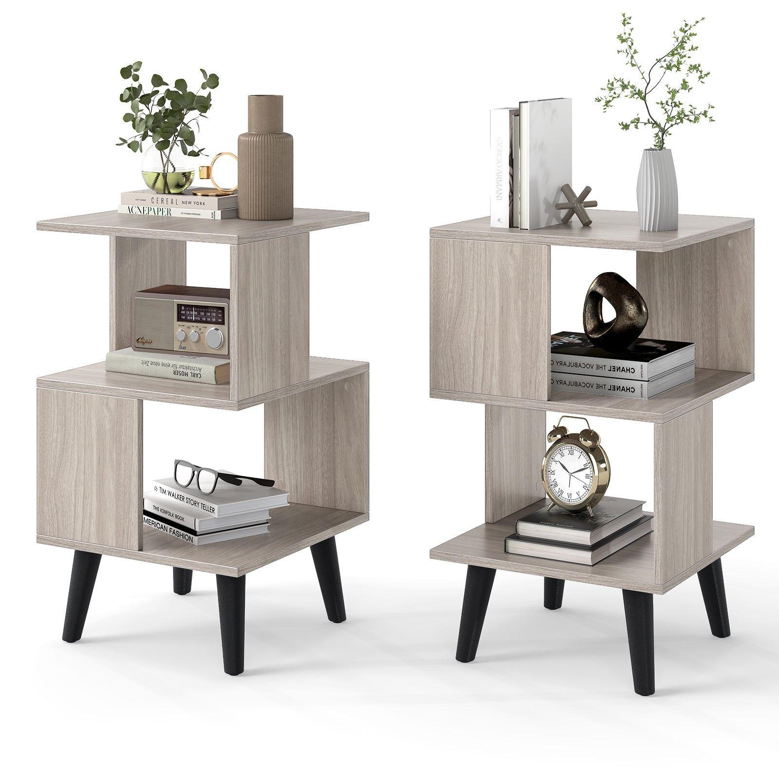 3-Tier Geometric Bookshelf Set Of 2, Open Storage Shelves, Gray Nightstands Gray at Gallery Canada