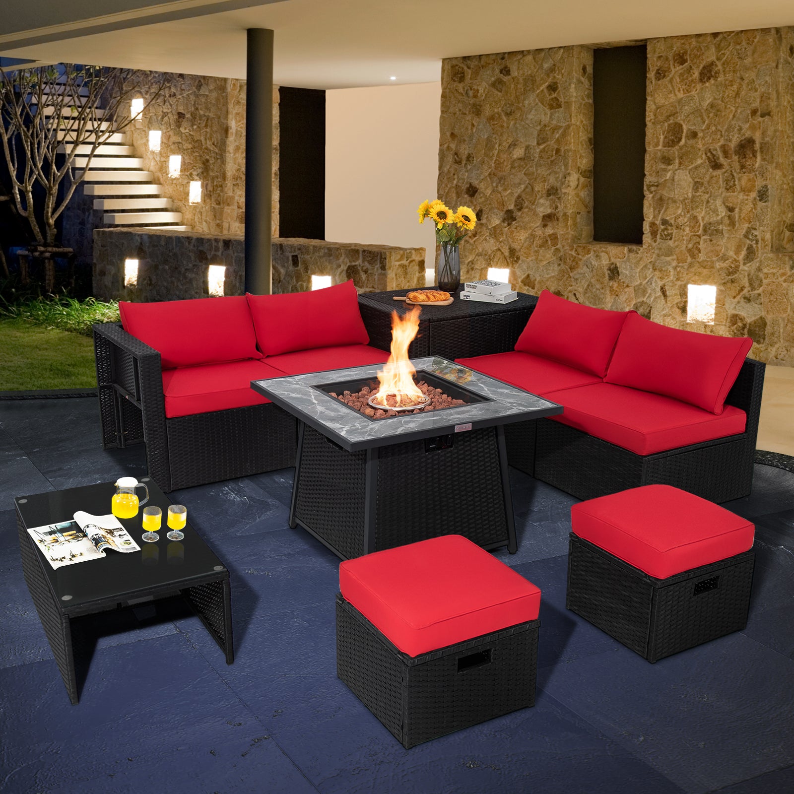 9 Pieces Outdoor Wicker Sectional with 35 Inch Gas Fire Pit Table, Red Outdoor Sectionals at Gallery Canada