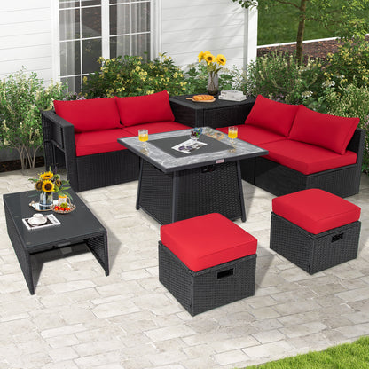 9 Pieces Outdoor Wicker Sectional with 35 Inch Gas Fire Pit Table, Red Outdoor Sectionals at Gallery Canada