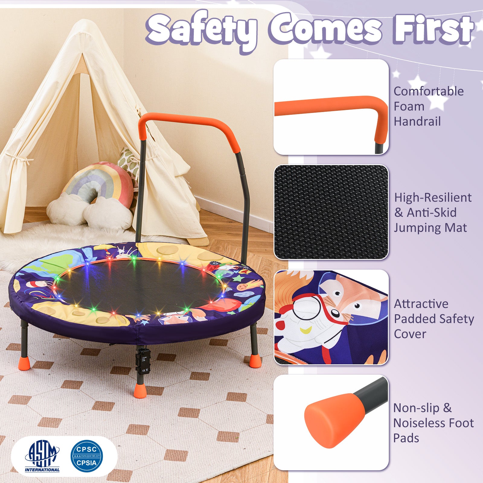 Mini Trampoline Folding Small Rebounder for Kids with Lights, Purple Trampolines at Gallery Canada