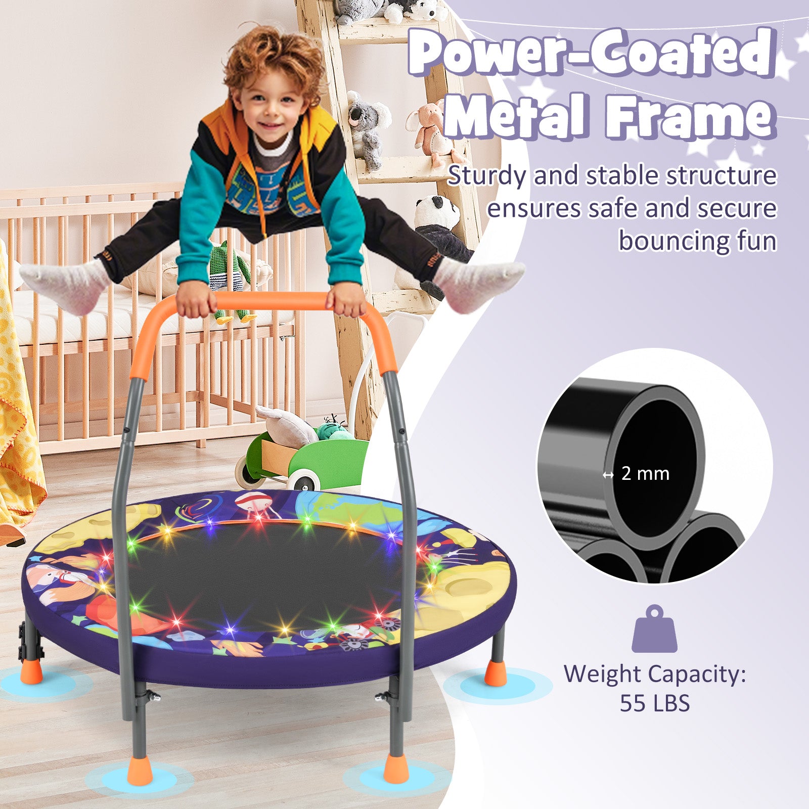 Mini Trampoline Folding Small Rebounder for Kids with Lights, Purple Trampolines at Gallery Canada
