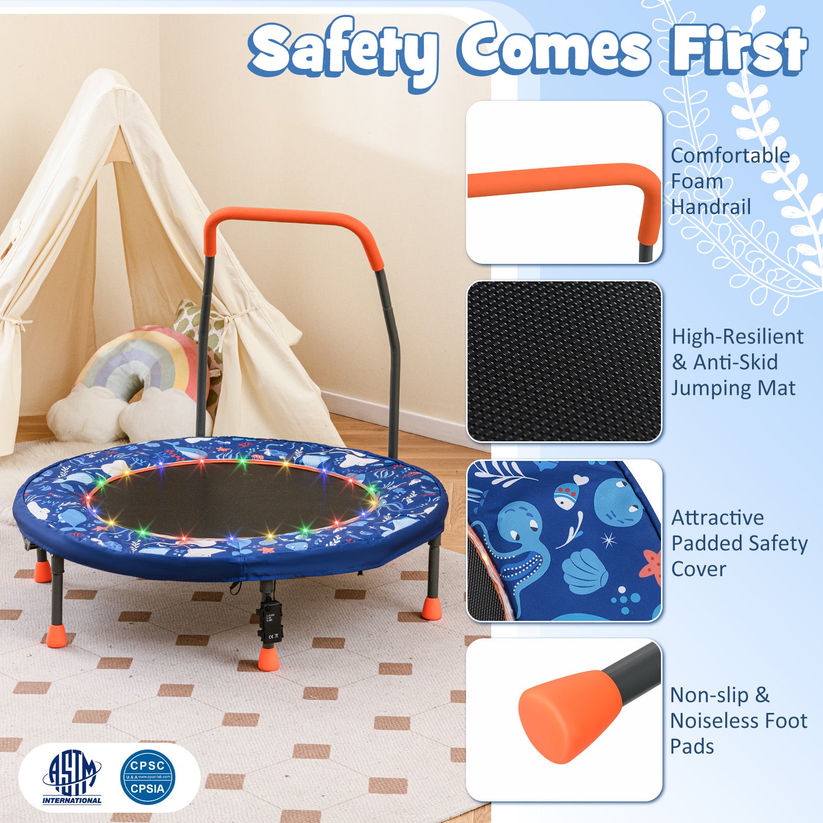 Mini Trampoline Folding Small Rebounder for Kids with Lights, Navy Trampolines at Gallery Canada