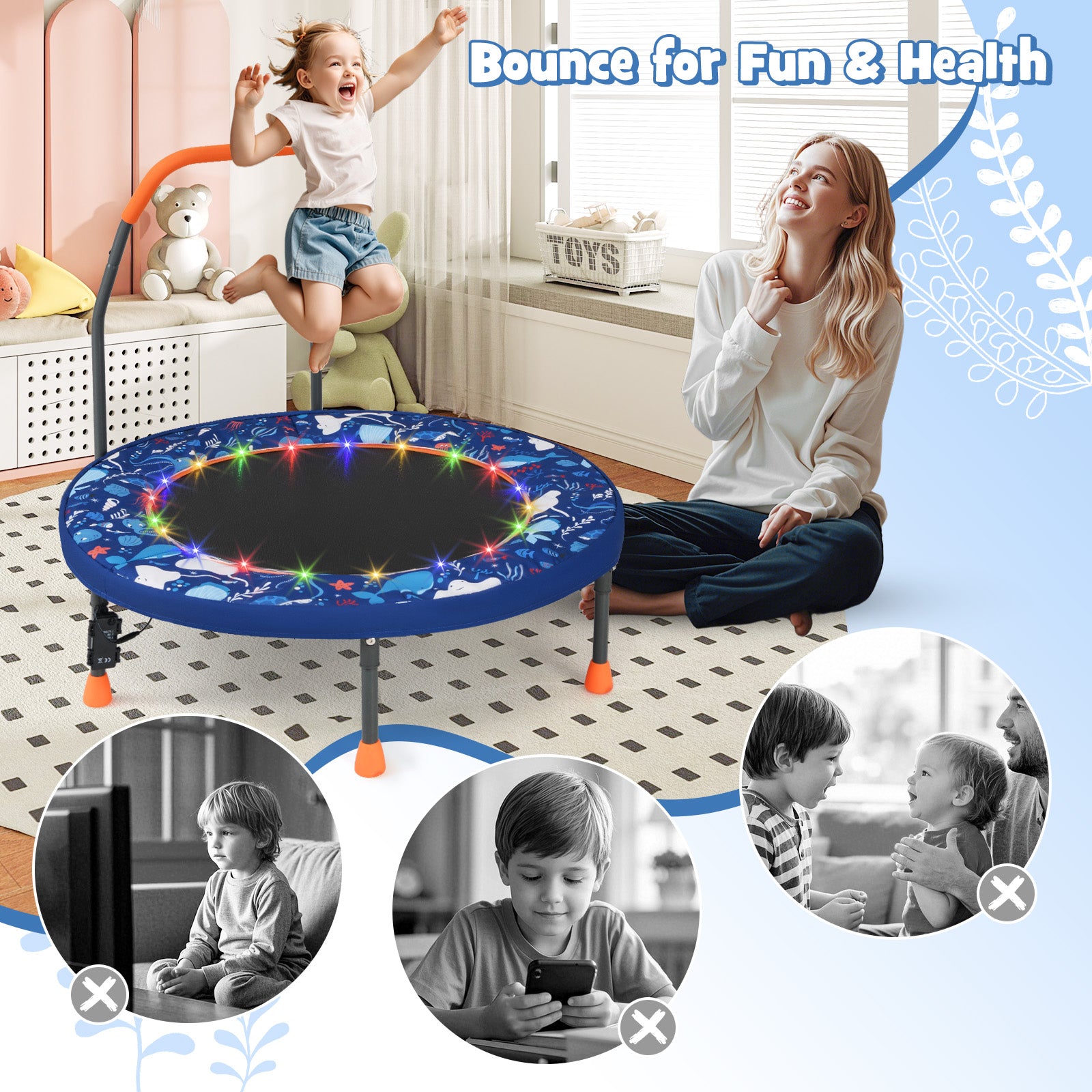 Mini Trampoline Folding Small Rebounder for Kids with Lights, Navy Trampolines at Gallery Canada