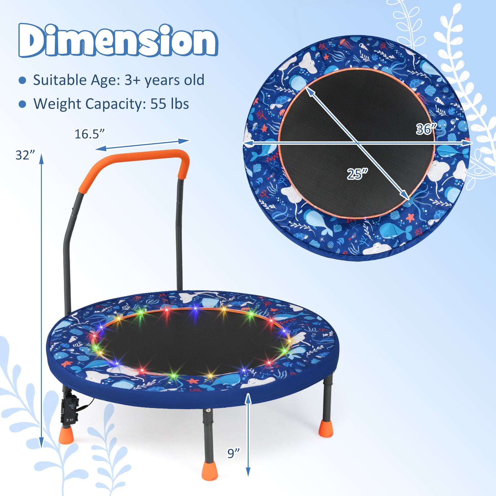 Mini Trampoline Folding Small Rebounder for Kids with Lights, Navy Trampolines at Gallery Canada