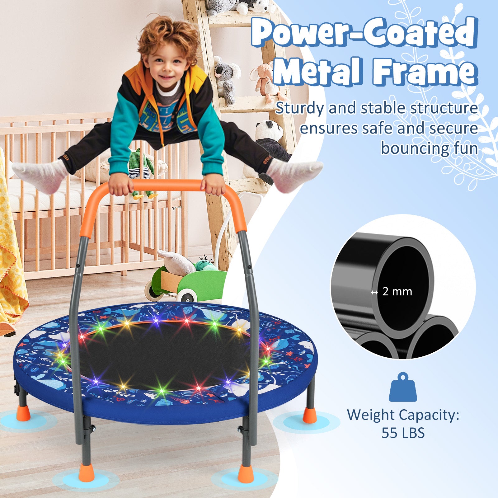 Mini Trampoline Folding Small Rebounder for Kids with Lights, Navy Trampolines at Gallery Canada