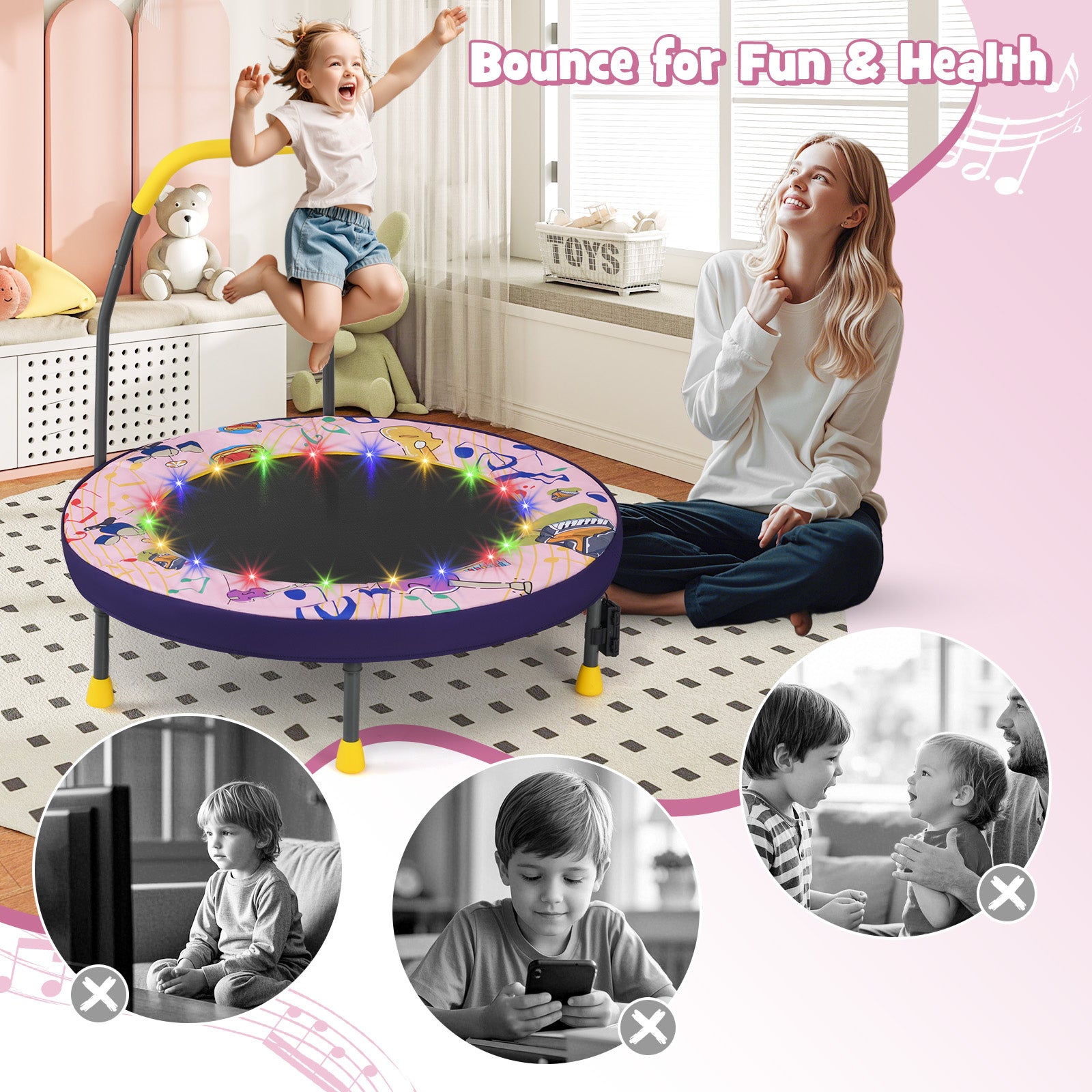 Mini Trampoline Folding Small Rebounder for Kids with Lights, Pink Trampolines at Gallery Canada
