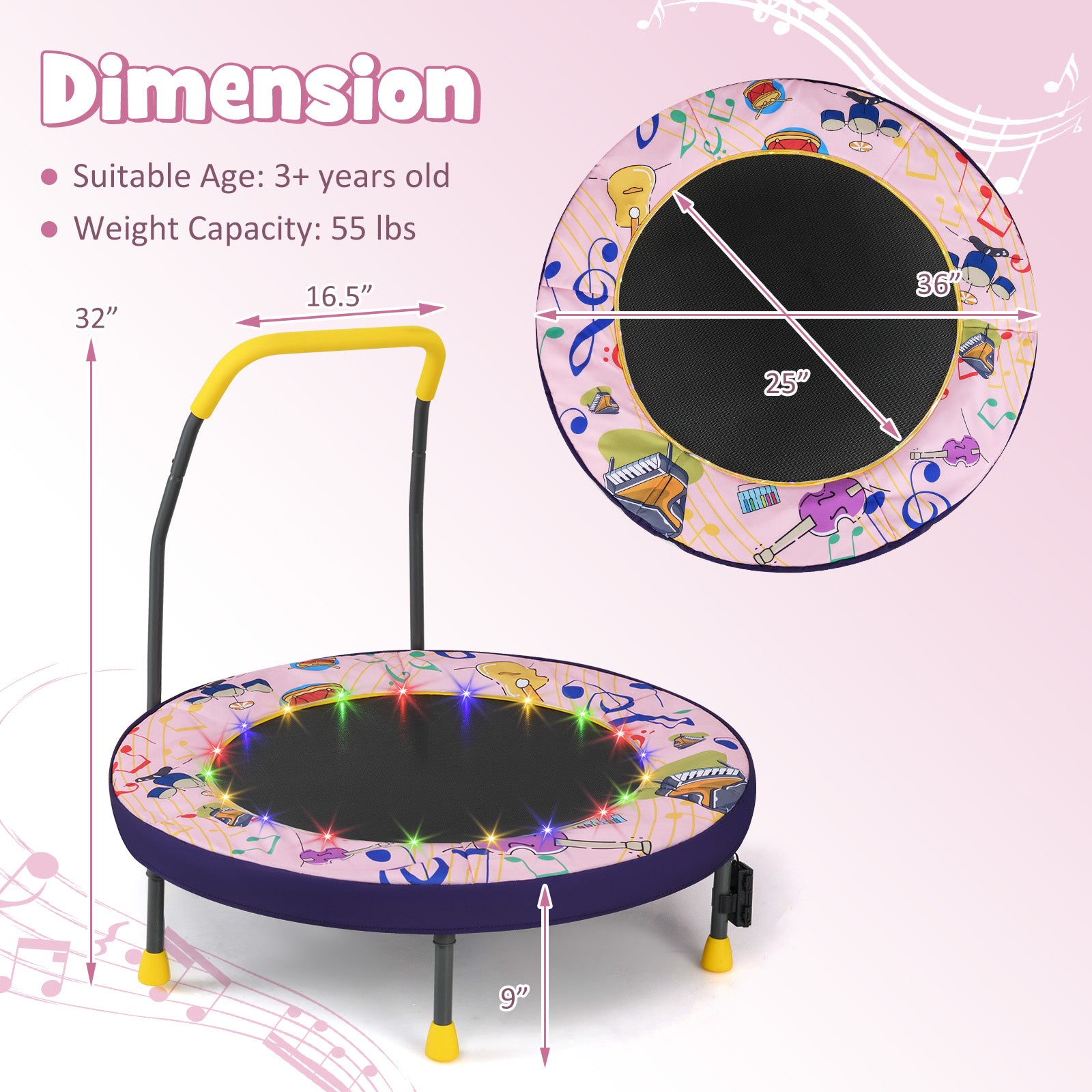 Mini Trampoline Folding Small Rebounder for Kids with Lights, Pink Trampolines at Gallery Canada