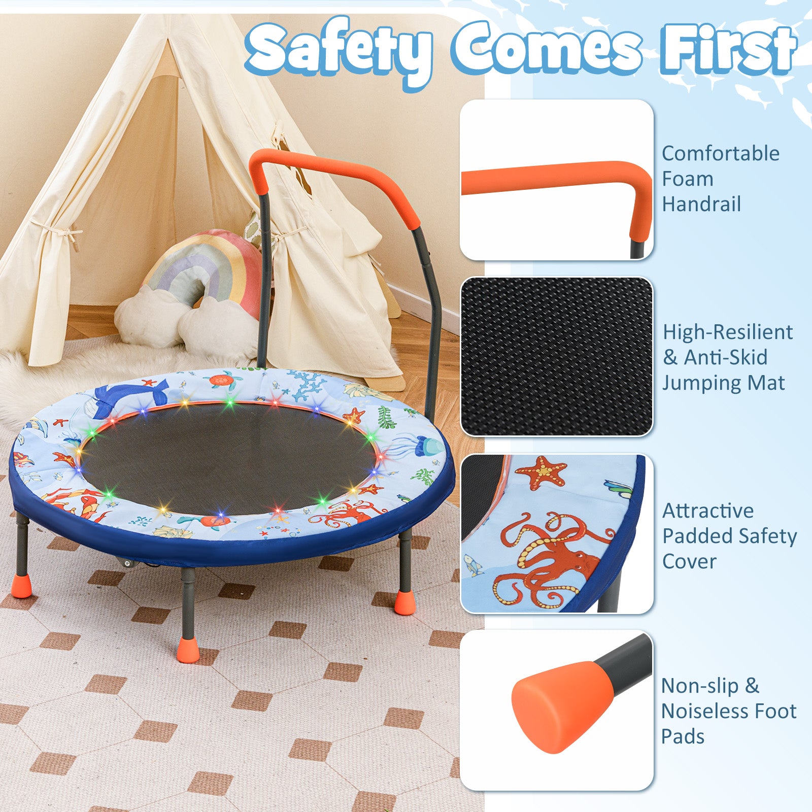 Mini Trampoline Folding Small Rebounder for Kids with Lights, Blue Trampolines at Gallery Canada