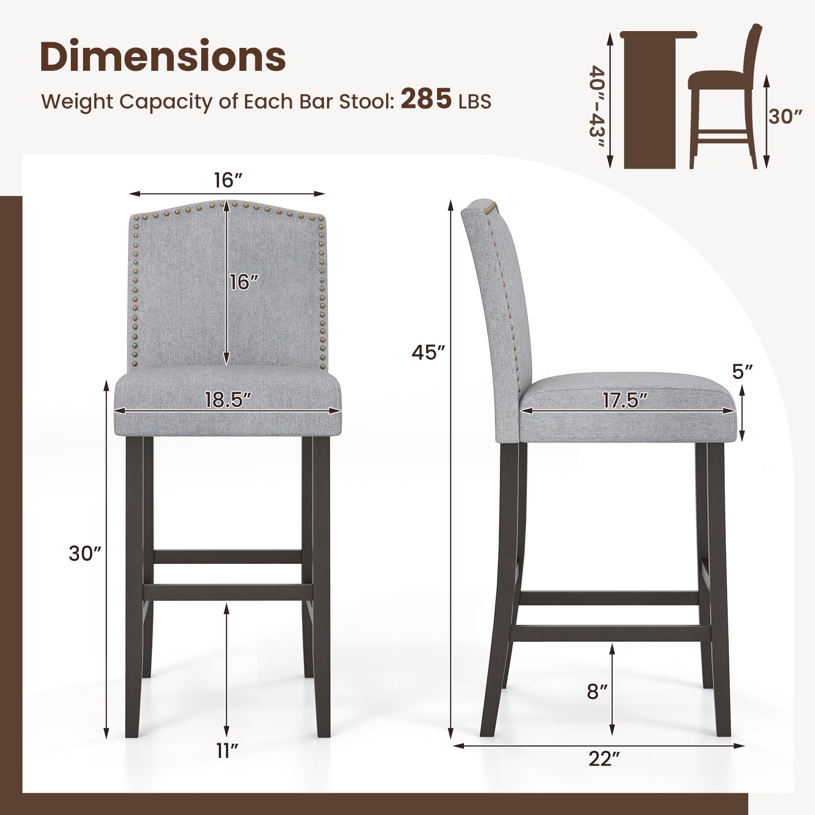 Set of 2 Bar Height Dining Side Barstools with Thick Cushion, Gray Bar Stools at Gallery Canada