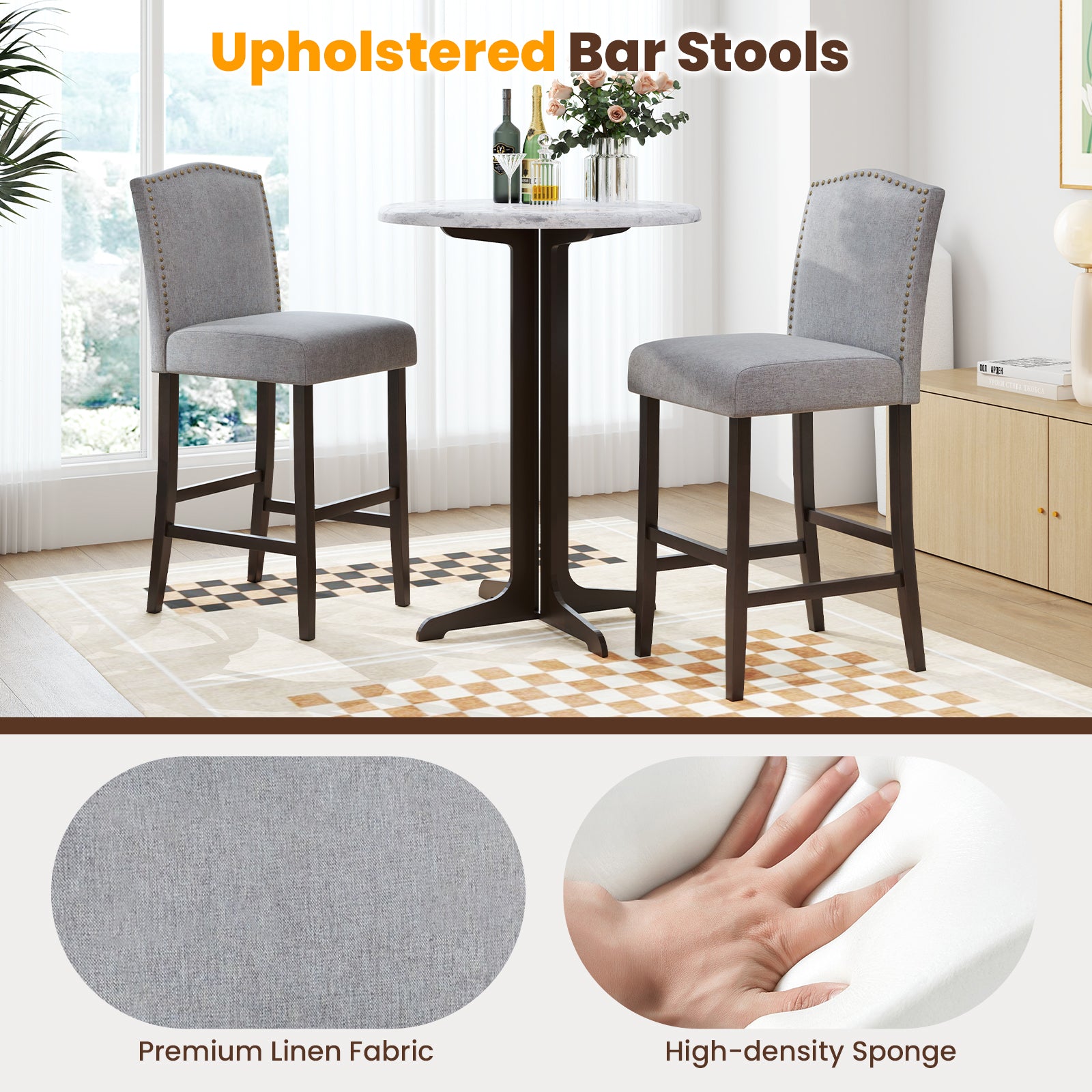 Set of 2 Bar Height Dining Side Barstools with Thick Cushion, Gray Bar Stools at Gallery Canada