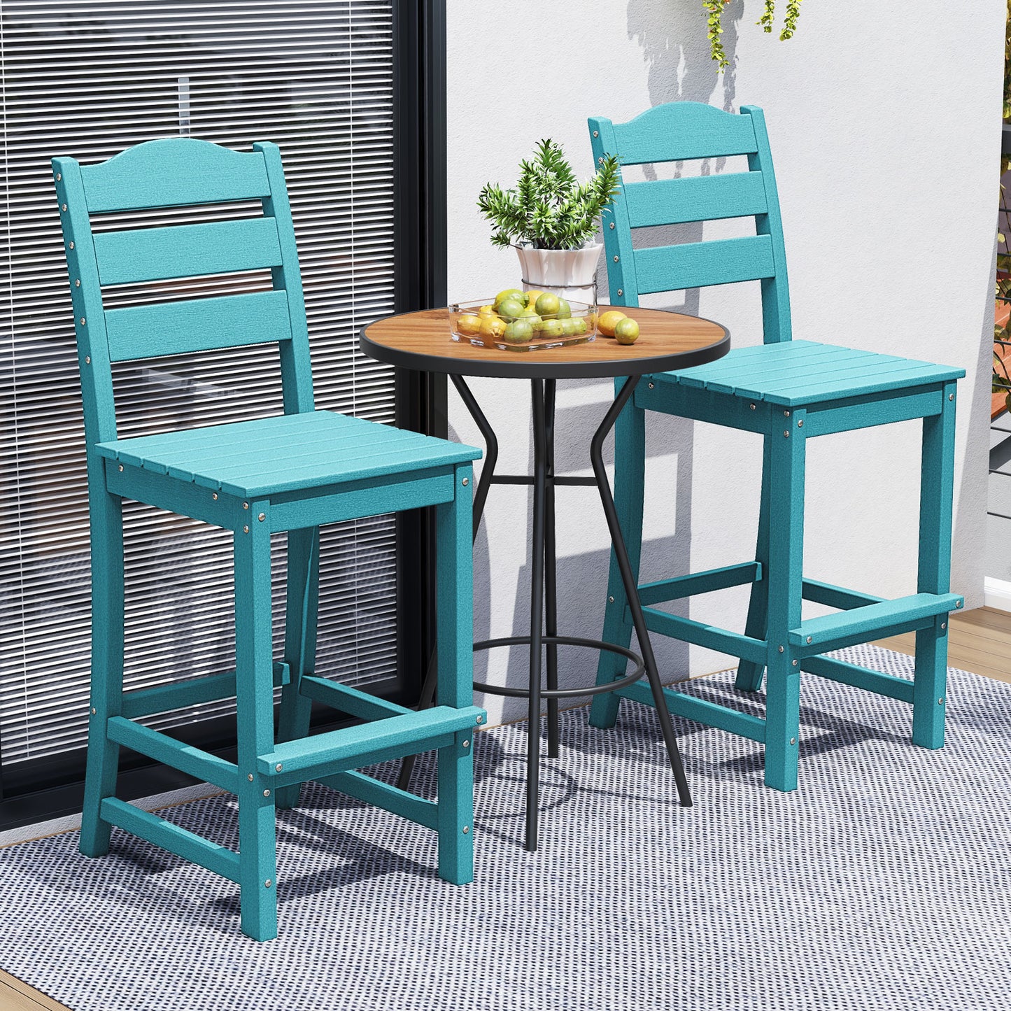 30 Inches Counter Height HDPE Bar Stool with Backrest and Footrest, Turquoise Patio Bar Furniture at Gallery Canada
