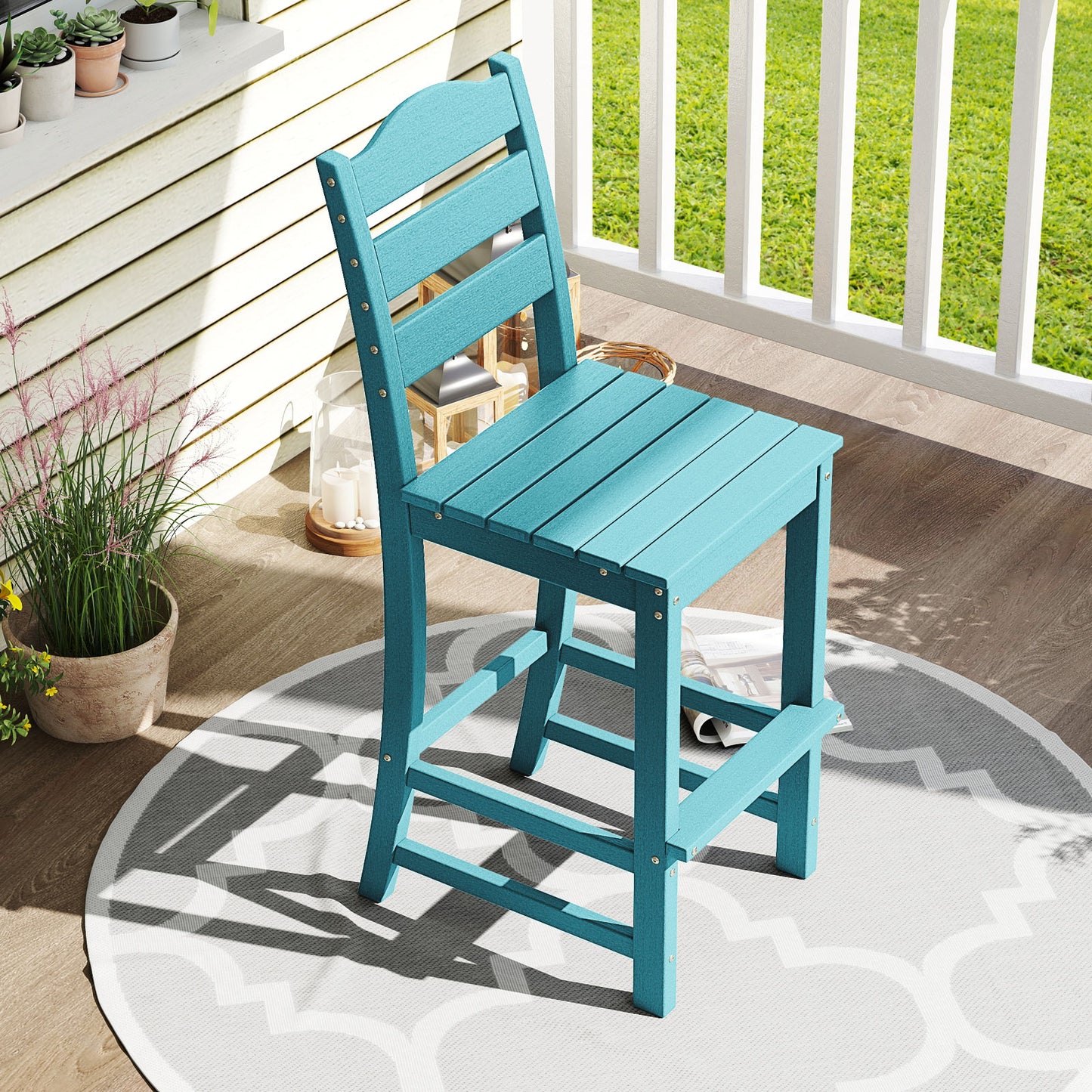 30 Inches Counter Height HDPE Bar Stool with Backrest and Footrest, Turquoise Patio Bar Furniture at Gallery Canada